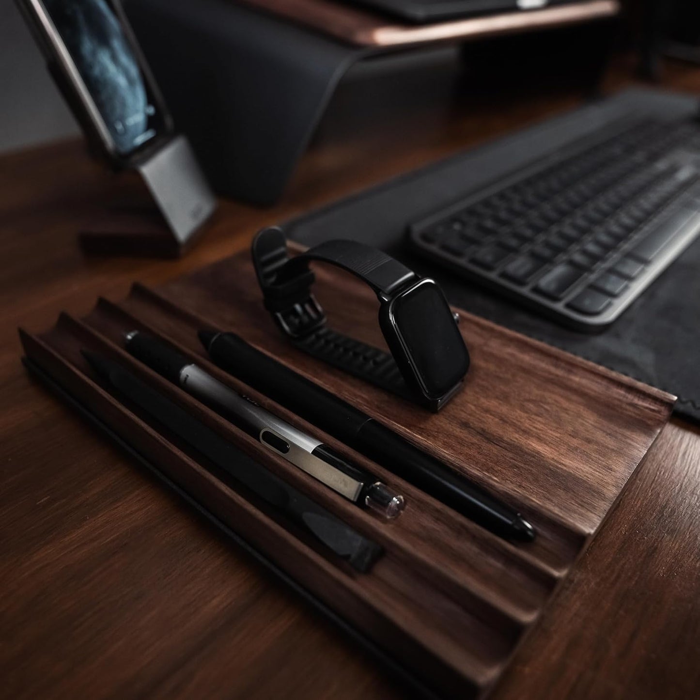 NOOE - Modern Art Exhibit Wooden Desk Organizer | American Walnut Polish Wood Pen Pencil Mobile Accessories Luxury Holder Tray Stand for Office Table Corporate Gift Use 9 X 5.9 Inches, Walnut - Serious Techies