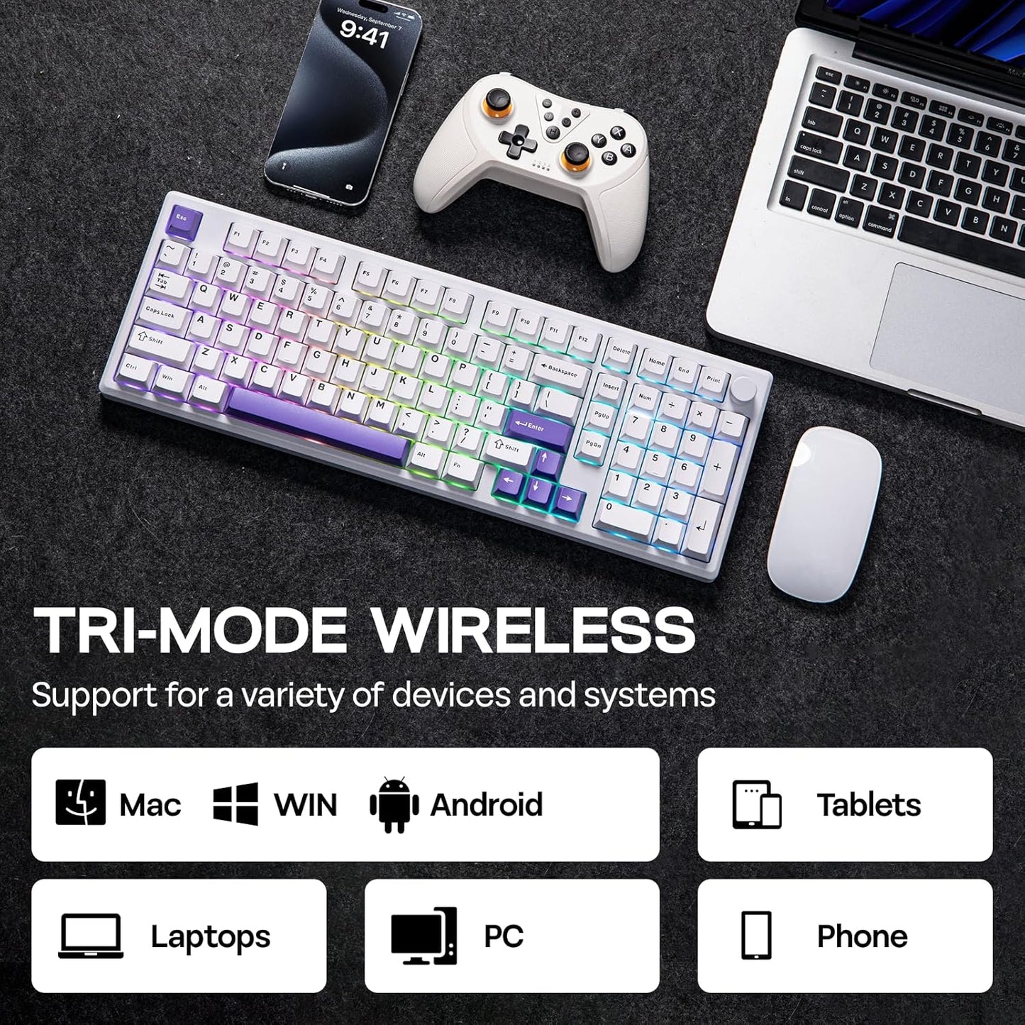 EPOMAKER - Galaxy100 QMK/VIA Wireless Mechanical Keyboard with 8000Mah Battery and Numpad, CNC Aluminum, Full Size Gaming Keyboard, Usb-C/Bt5.0/2.4Ghz (White Purple, Wisteria Linear Switch) - Serious Techies