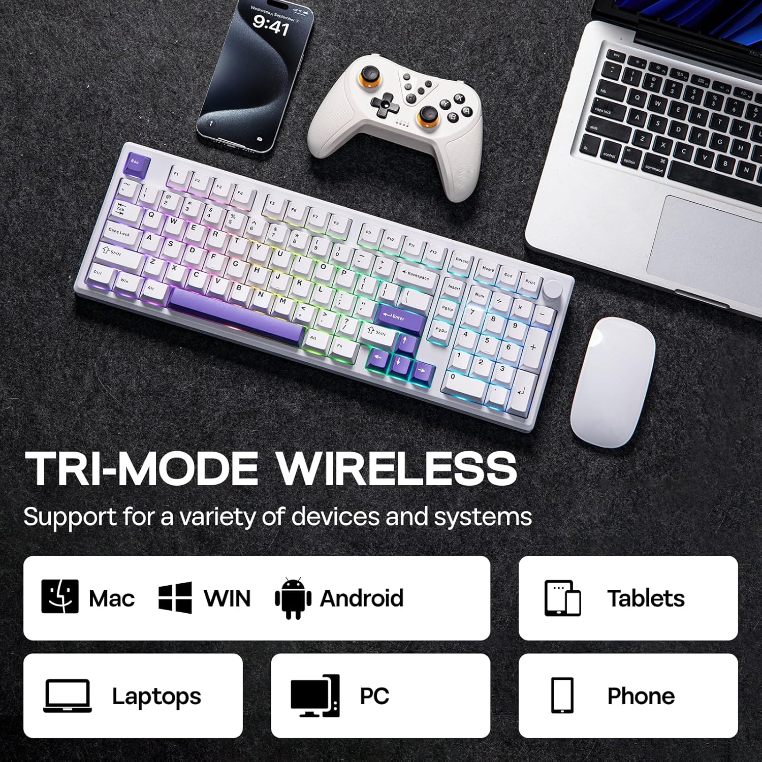 EPOMAKER - Galaxy100 QMK/VIA Wireless Mechanical Keyboard with 8000Mah Battery and Numpad, CNC Aluminum, Full Size Gaming Keyboard, Usb-C/Bt5.0/2.4Ghz (White Purple, Wisteria Linear Switch) - Serious Techies