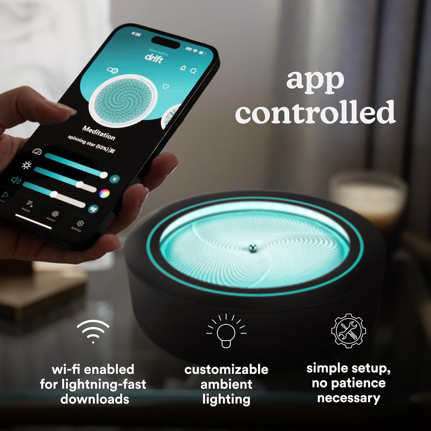 Homedics - 11” Drift Sandscape, Compact Size, Zen Garden, Meditation Accessories, Decorative Sandscape, Smart LED Lighting, Wi-Fi Enabled (Black) - Serious Techies