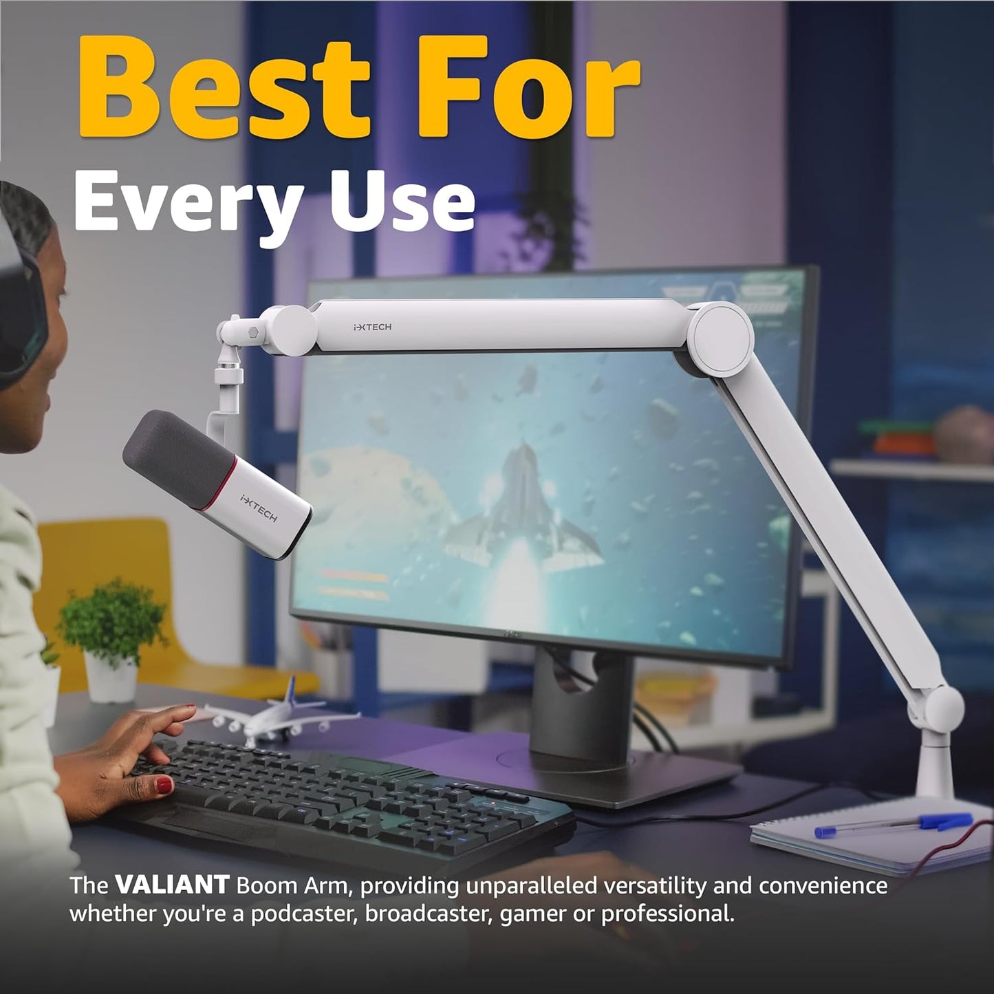 IXTECH - Mic Arm White Premium Boom Arm 360° Rotatable Microphone Arm Stand with Desk Mount Fully Adjustable Sturdy and Universal VALIANT WHITE Model - Serious Techies