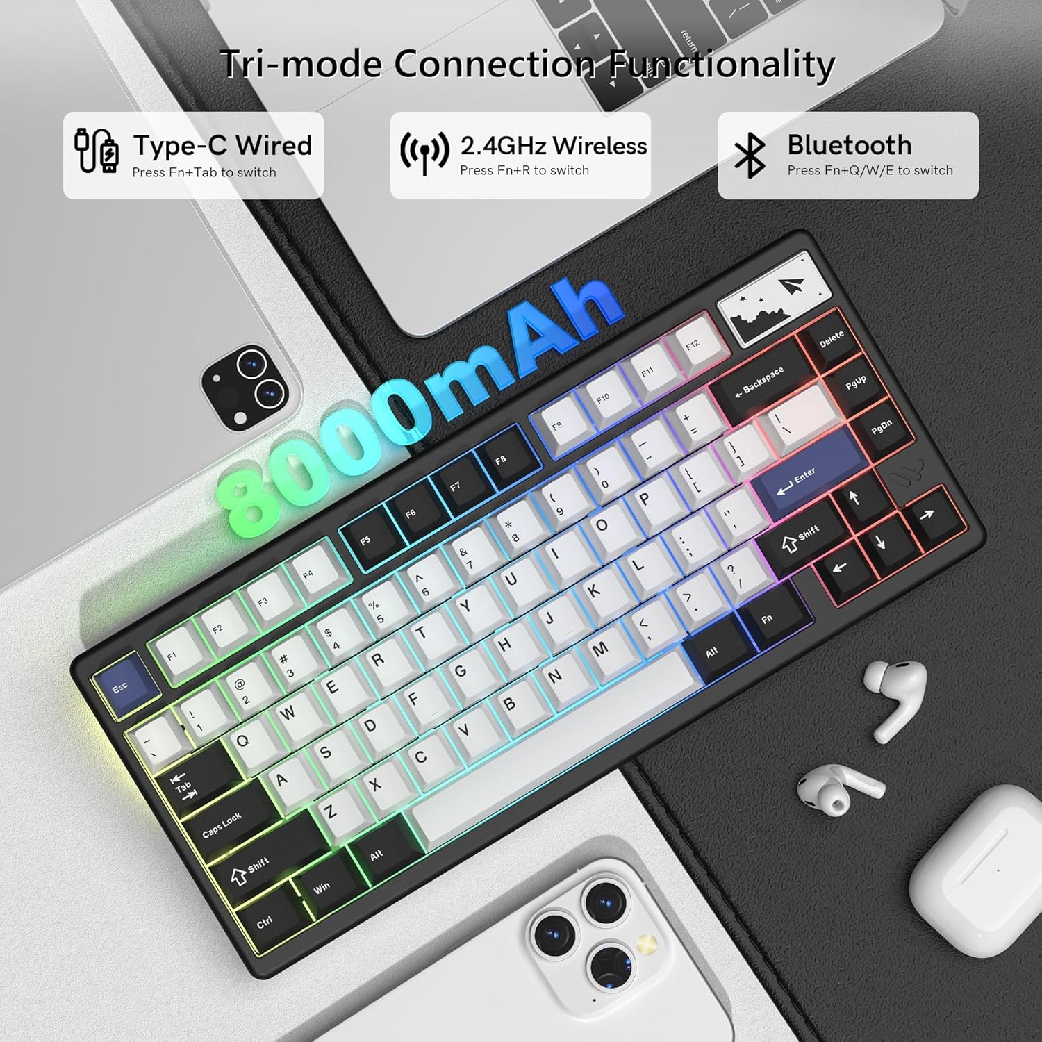 Womier - (SK71 Pro-Black) Wireless Keyboard Gaming, Creamy Mechanical Keyboard, CNC Aluminum with 8000Mah Battery, QMK/VIA Tri-Mode Key Board Custom Hot Swappable RGB Backlit for Windows/Mac/Pc 