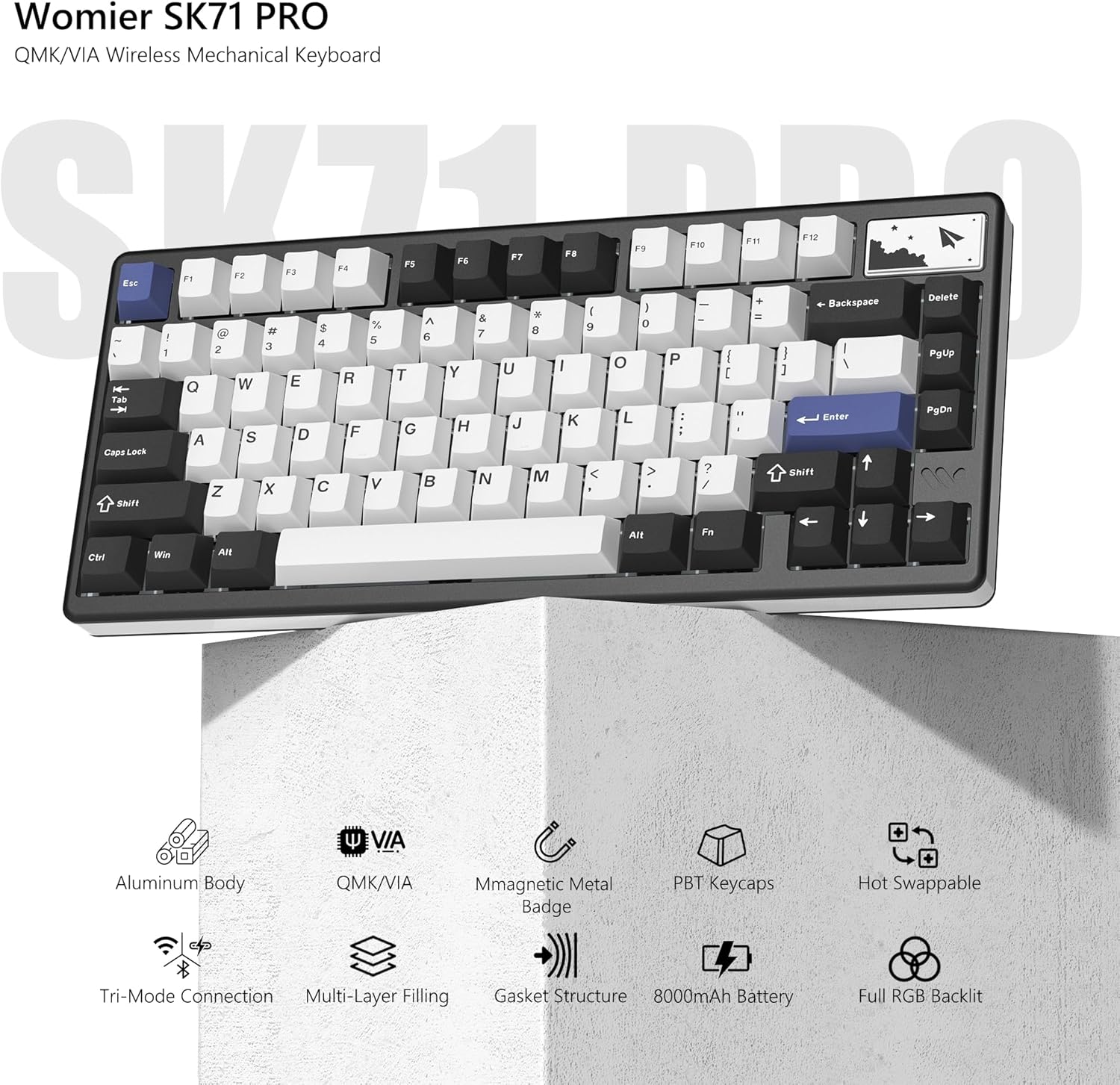 Womier - (SK71 Pro-Black) Wireless Keyboard Gaming, Creamy Mechanical Keyboard, CNC Aluminum with 8000Mah Battery, QMK/VIA Tri-Mode Key Board Custom Hot Swappable RGB Backlit for Windows/Mac/Pc 
