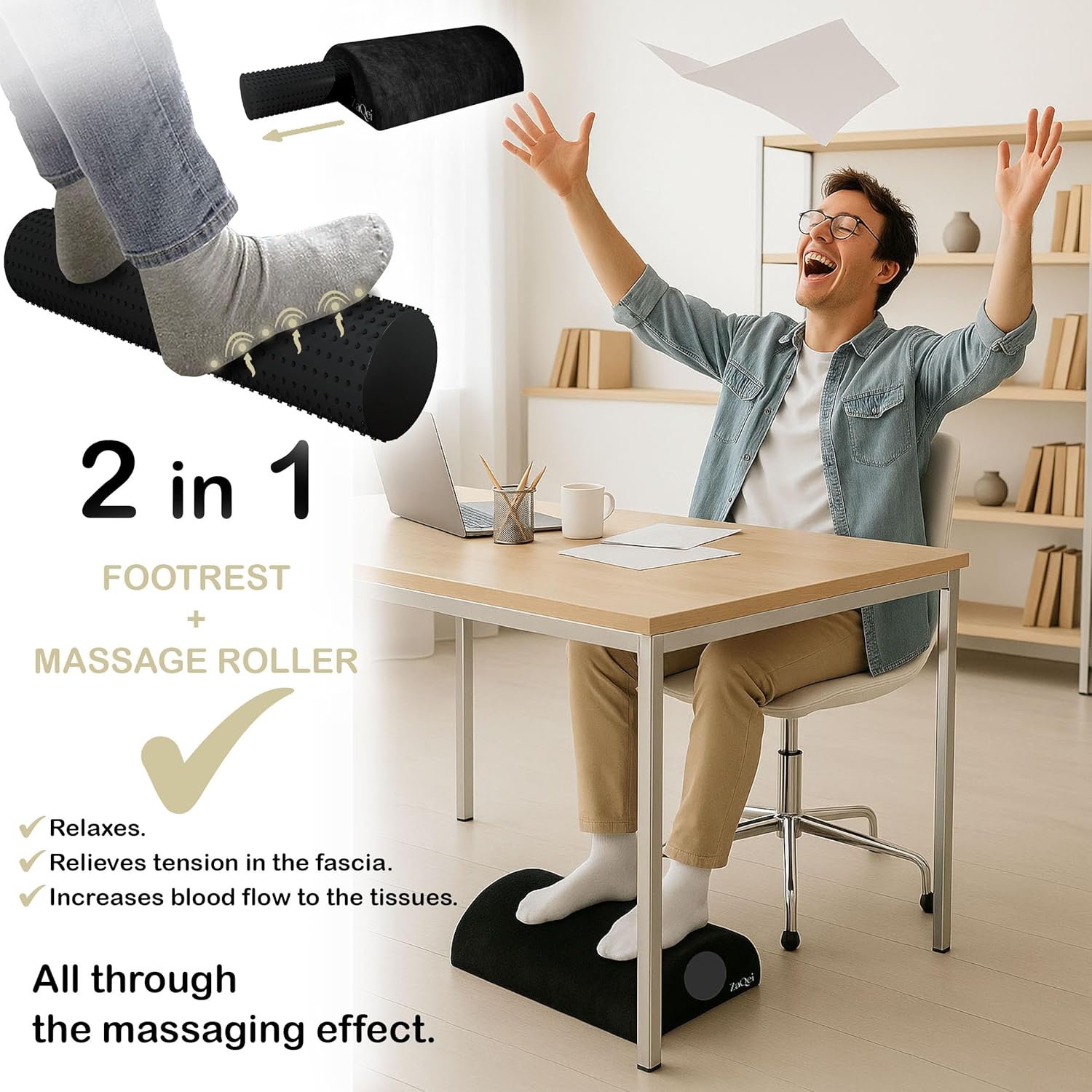 Zaqei - Foot Rest for under Desk at Work, Massage Roller & Egyptian Velvet Cover, Improves Circulation & Prevents Muscle Tension, Ergonomic Foot Stool, Desk and Gaming Accessories, Office Desk Accessories - Serious Techies
