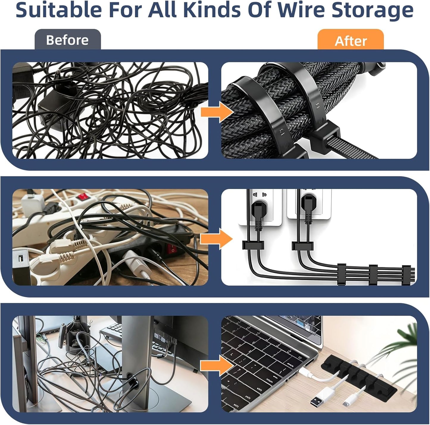 Limcfc - 319Pcs Cable Management Organizer Kit, Desk Cord Organizer, 98 Adhesive Cable Clips Holder, 17 Reusable Cable Strap, 4 Cable Sleeve Split, and 200 Nylon Cable Zip Ties (Black) - Serious Techies