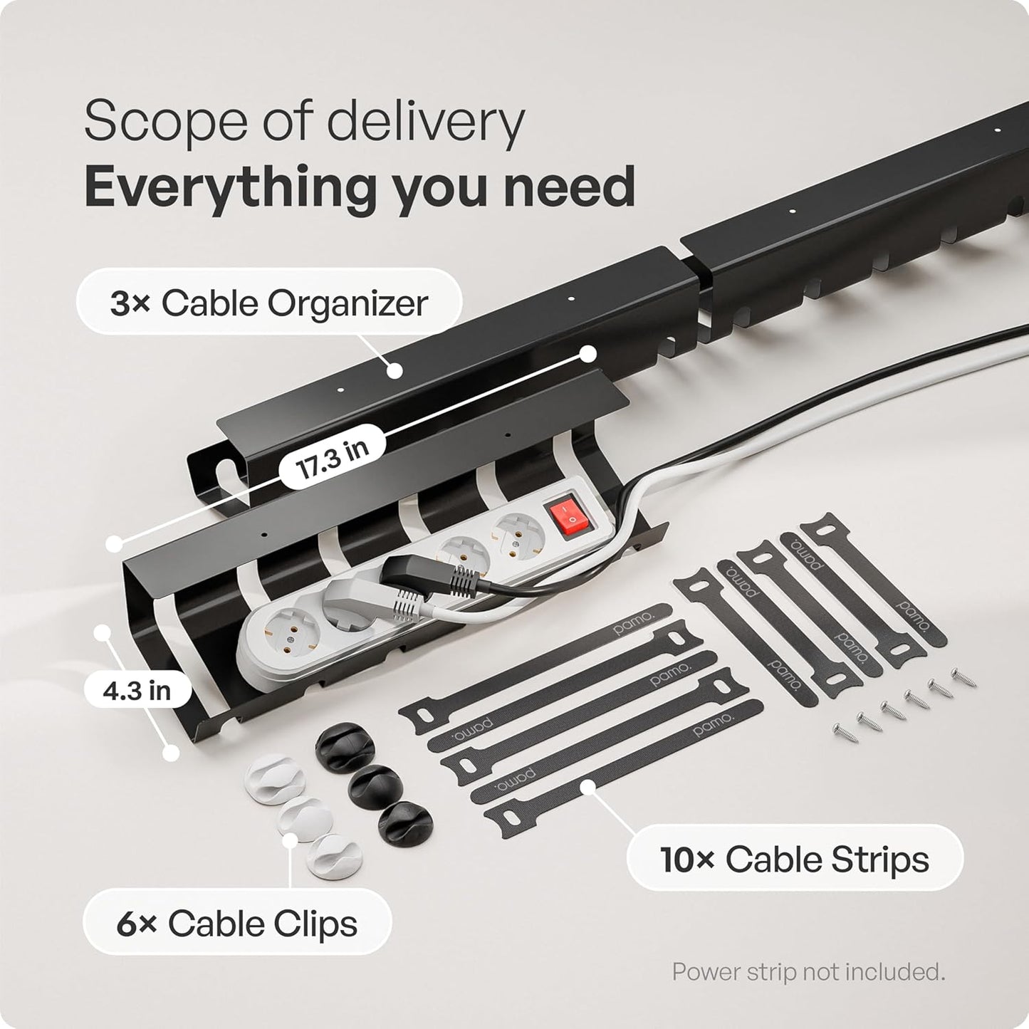 pamo - Cable Management under Desk for Easy Mounting Under-Table I Set of 3 - with 10X Cable Ties I Desk Organizer for Office/Home Office Table Thoughtful Cable Tray Holder - Serious Techies