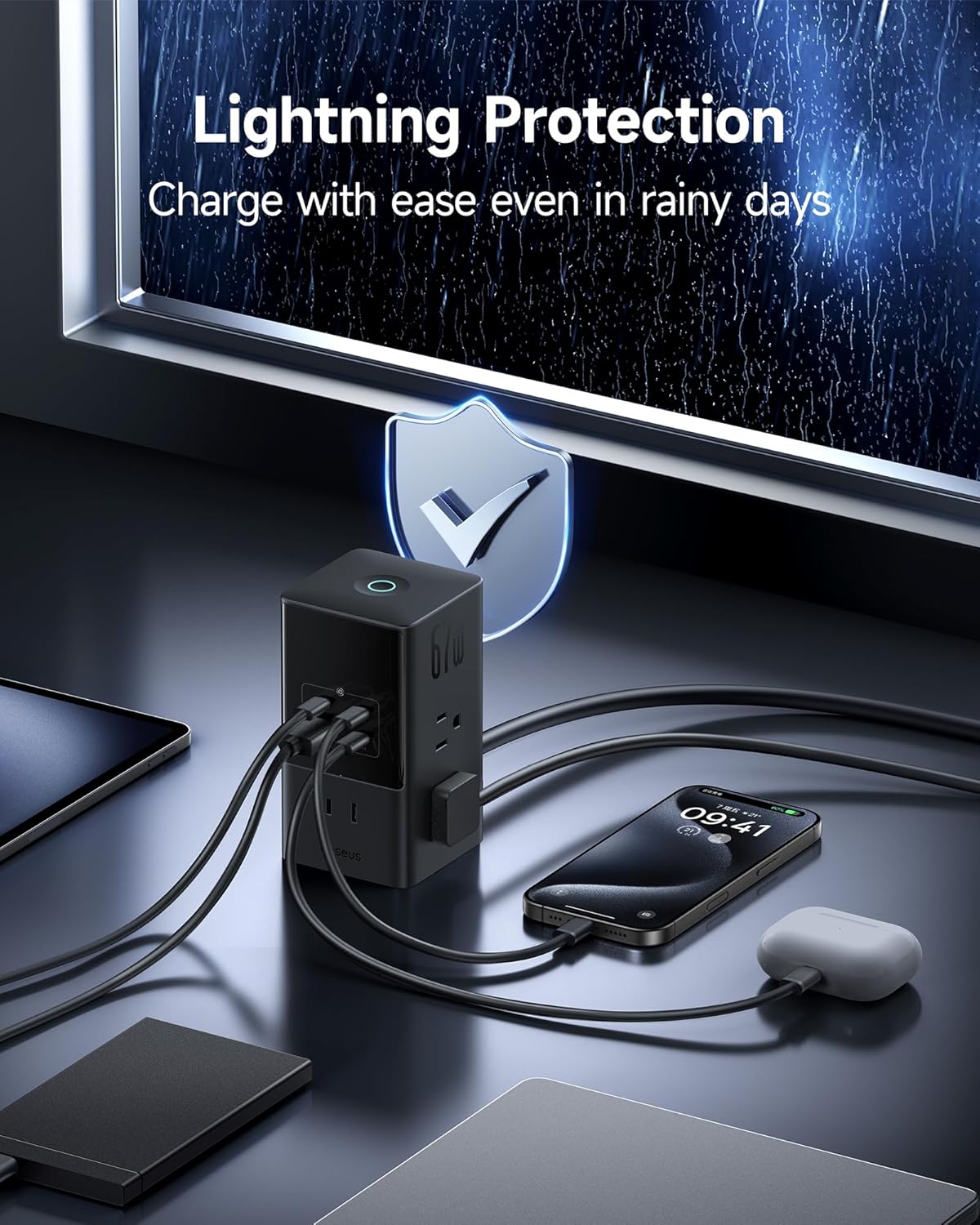 Baseus - Charging Station 67W, 10-In-1 USB-C PD Fast Charging Desktop Charger with 1200J Surge Protection, 5Ft Extension Cord, 6 AC, 3 USBC, 1 USBA Ports for Iphone 16/15, Macbook, Tablet, Desktop - Serious Techies