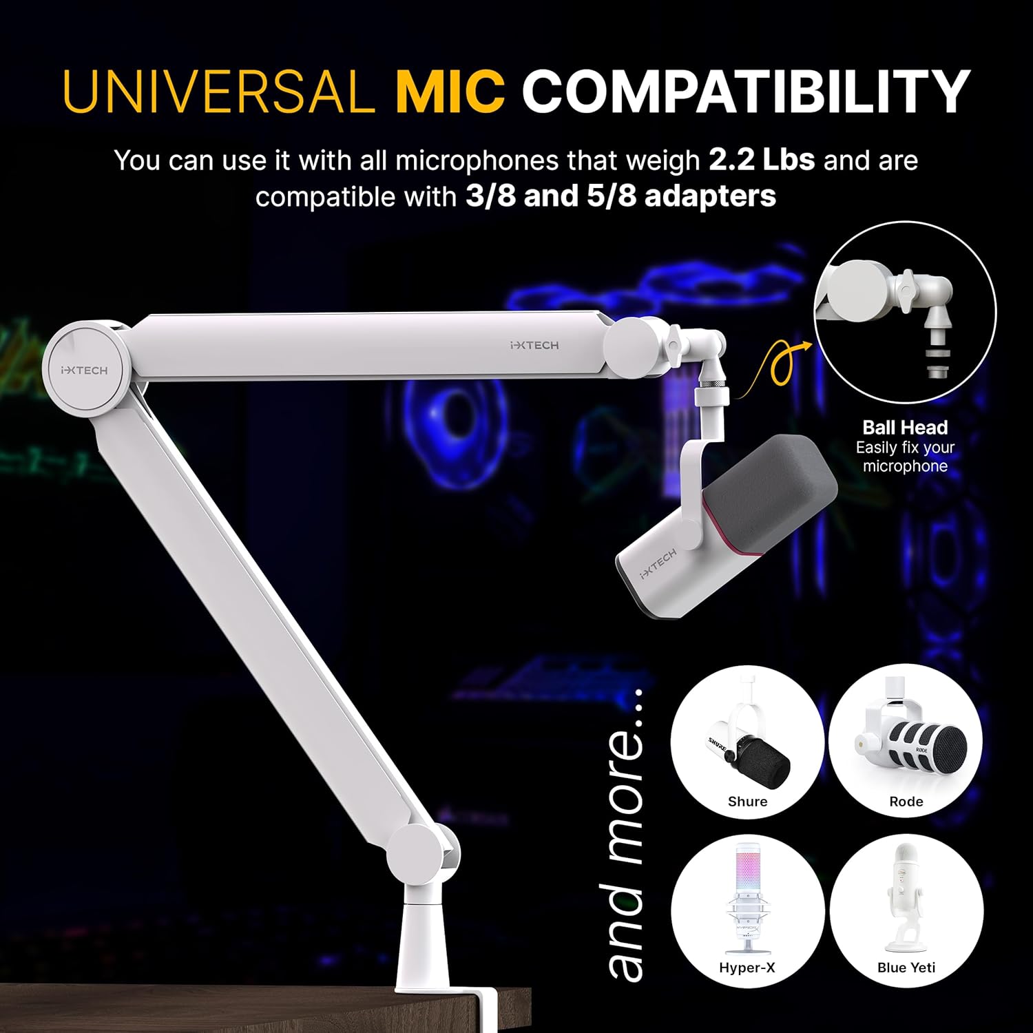 IXTECH - Mic Arm White Premium Boom Arm 360° Rotatable Microphone Arm Stand with Desk Mount Fully Adjustable Sturdy and Universal VALIANT WHITE Model - Serious Techies