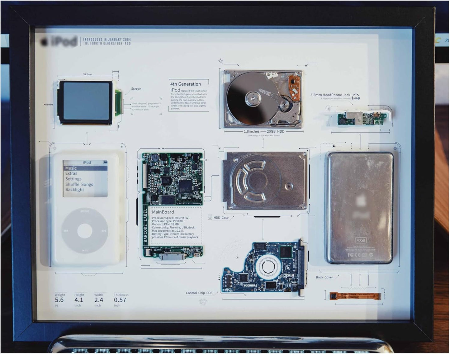  Funbox Design - Framed Teardown Wall Art for Apple Ipod4 Special Edition Retro Music Tech Decor Digital Collectible Made from Original Shell Gift for Him Fans and Collectors (For Ipod 4 Classic) - Serious Techies