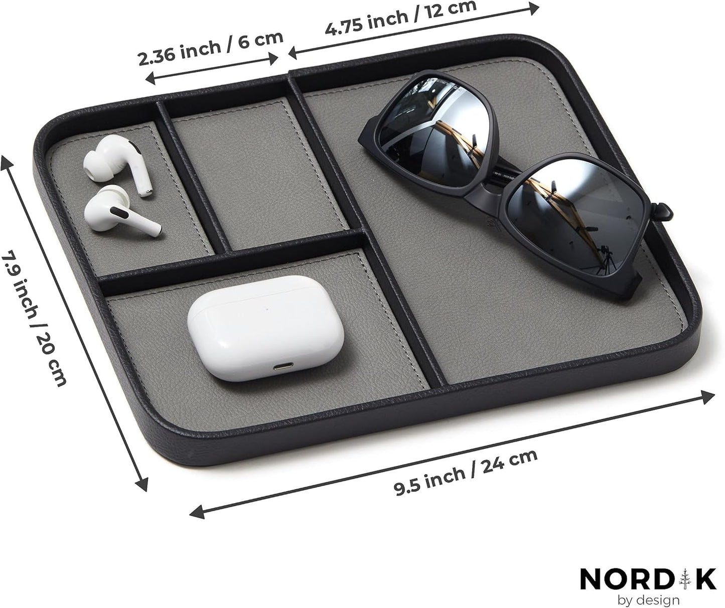 Nordik - Leather Valet Tray - Pebble Black - Premium Vegan Leather Stylish and Organised Nightstand Tray for Men - EDC Catchall Tray for Keys, Watch, Wallet, Jewellery - Modern Bedside Caddy - Serious Techies