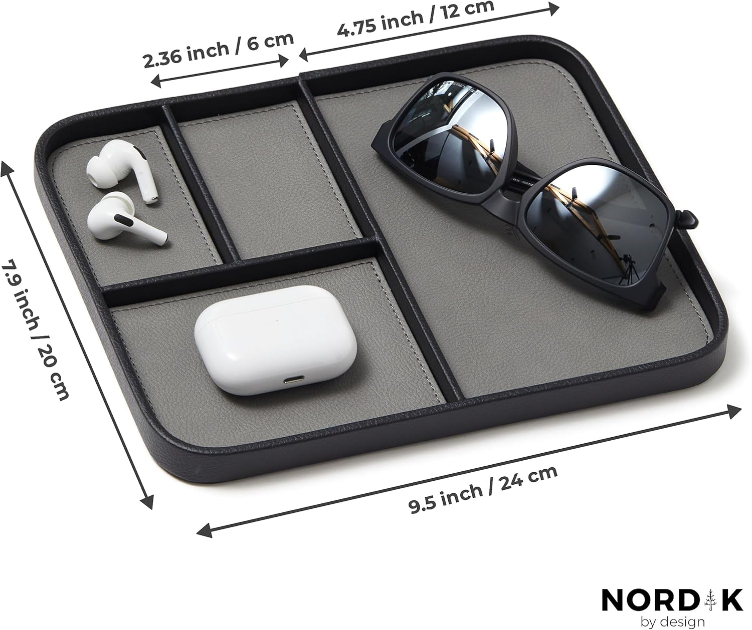 Nordik - Leather Valet Tray - Pebble Black - Premium Vegan Leather Stylish and Organised Nightstand Tray for Men - EDC Catchall Tray for Keys, Watch, Wallet, Jewellery - Modern Bedside Caddy - Serious Techies