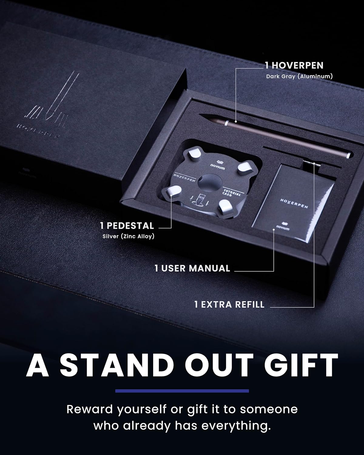 novium - Hoverpen Luxury Pen for Men & Women, Vertically Standing Executive Ballpoint Pen with Top Grade Free-Flowing Ink Refill, Metal Made, Unique Gifts, Luxury Pen for Men, Mens Gifts Ideas - Serious Techies