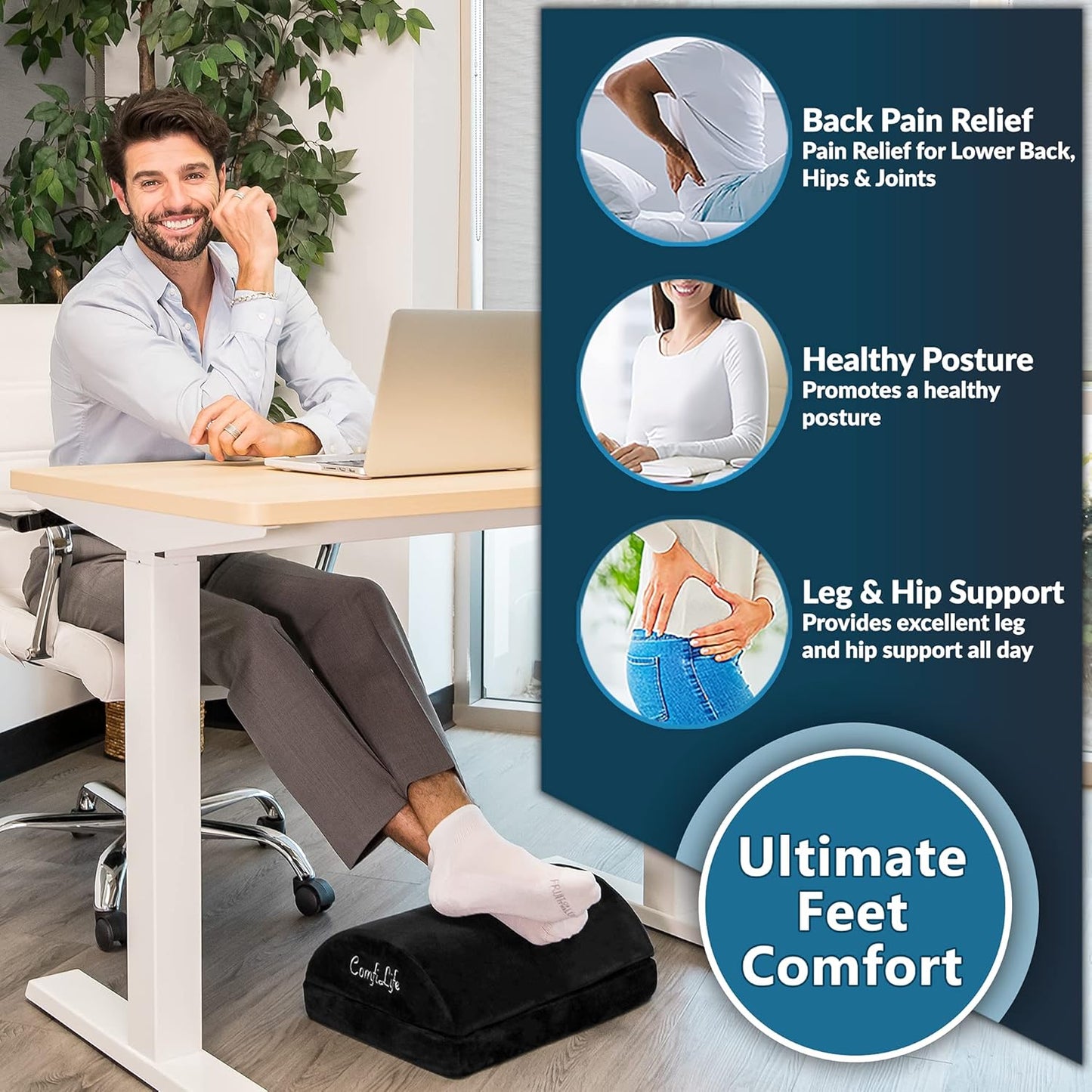 ComfiLife - Foot Rest for under Desk at Work – Adjustable Height Memory Foam Foot Stool for under Desk, Office Chair & Gaming Chair – Ergonomic Footrest for Back & Hip Pain Relief (Black) - Serious Techies