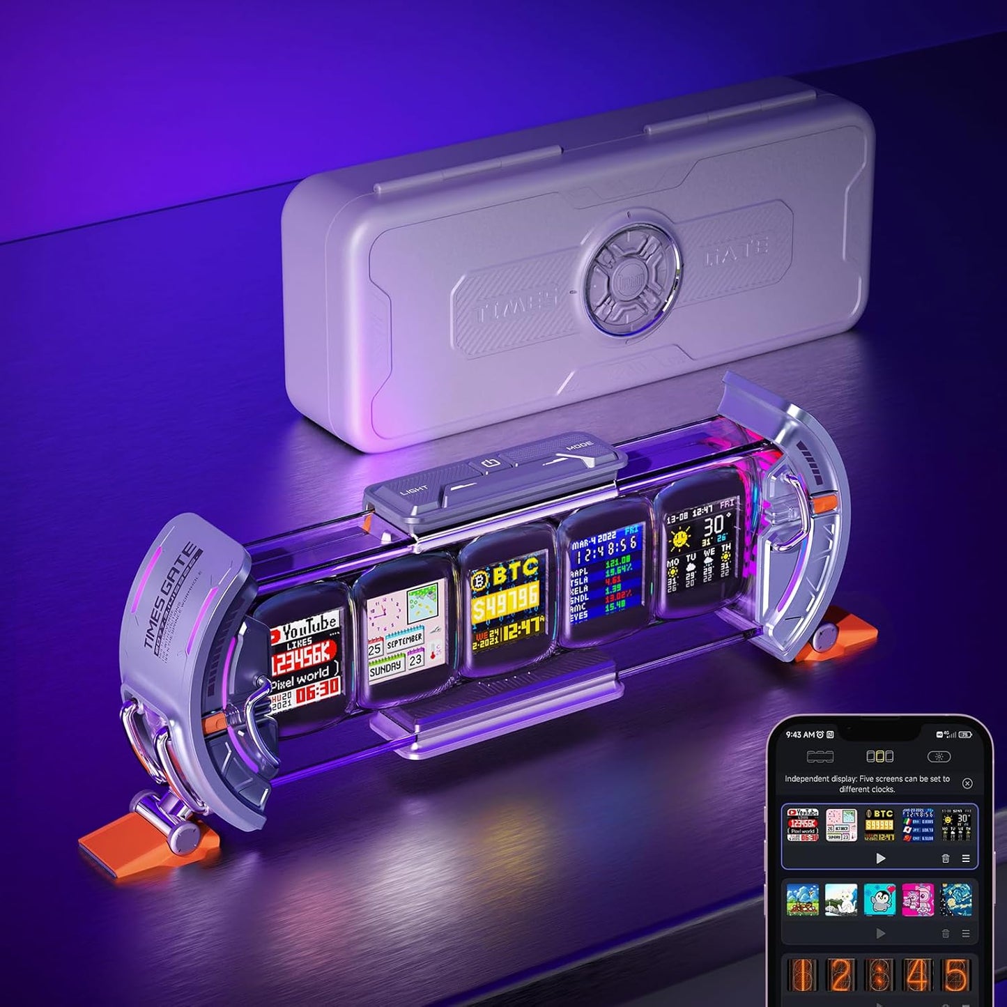 Divoom - Times Gate - Cyberpunk Gaming Setup Digital Alarm Clock, Smart APP, Wifi Connect, RGB LED Display, Personalized Financial & Bitcoin Dashboard, Pixel Art for Gaming Room & Office Decor, Silver - Serious Techies