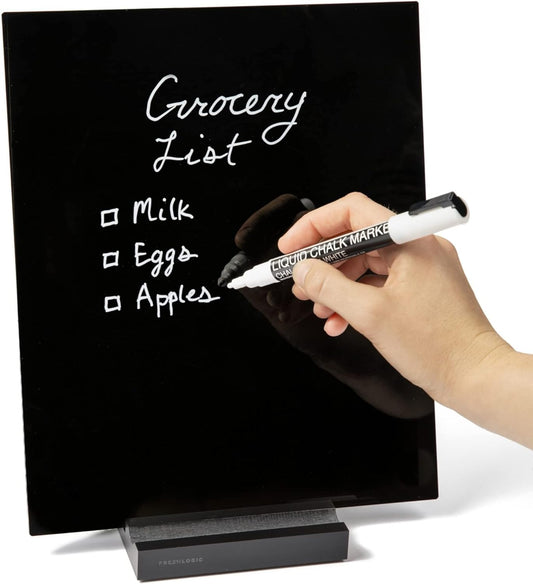 FRESH LOGIC - Acrylic Black Dry Erase Board with Stand – 10"X12" Desk Whiteboard for Office, Home or School – Reusable Desk Blackboard with Marker – Portable Chalkboard Easel for Notes, Reminders & To-Do Lists - Serious Techies