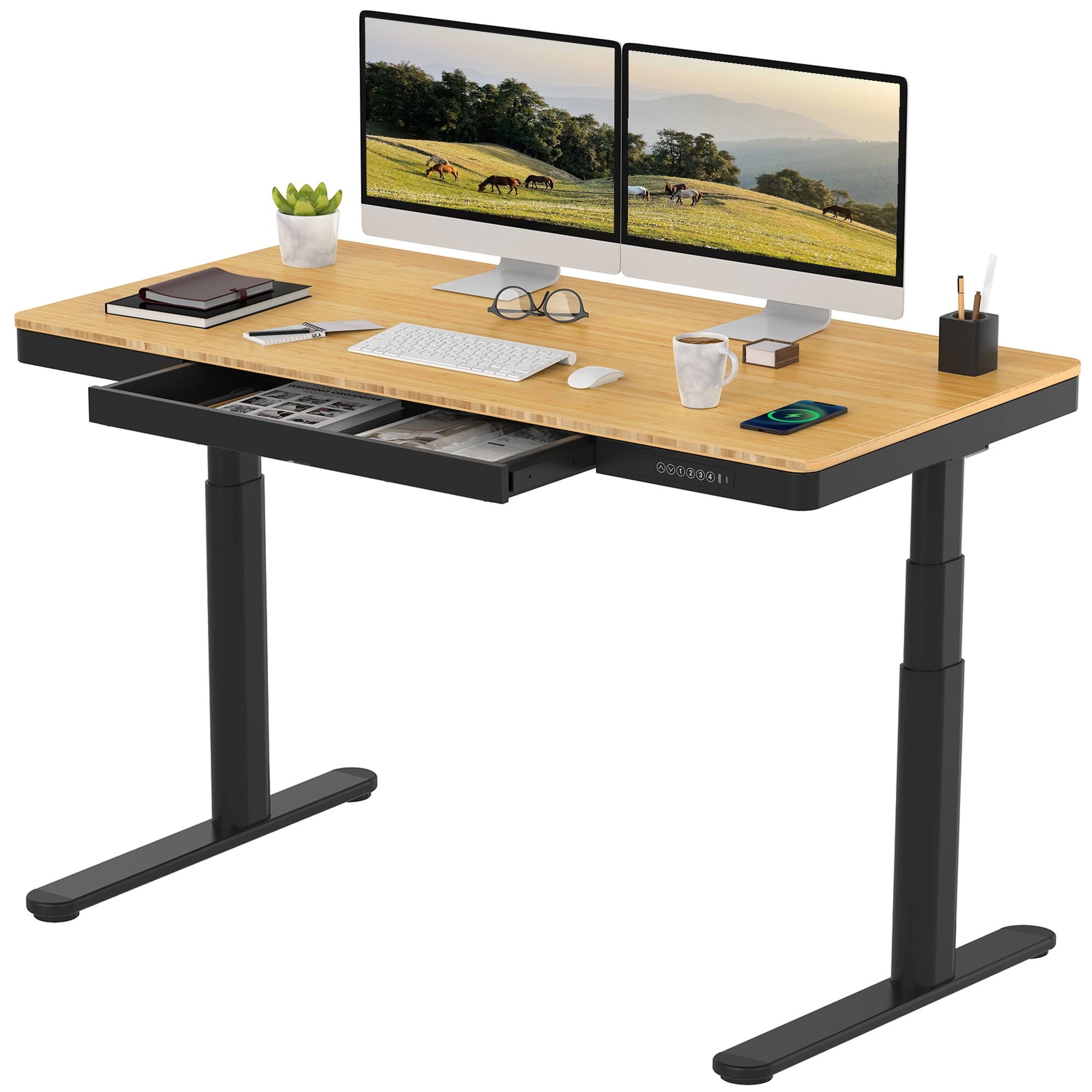 FLEXISPOT - 55"X28" Wireless Charging Dual Motors Standing Desk with Drawers, Black and Bamboo Top Height Adjustable Desk with Cable Management Tray - Serious Techies