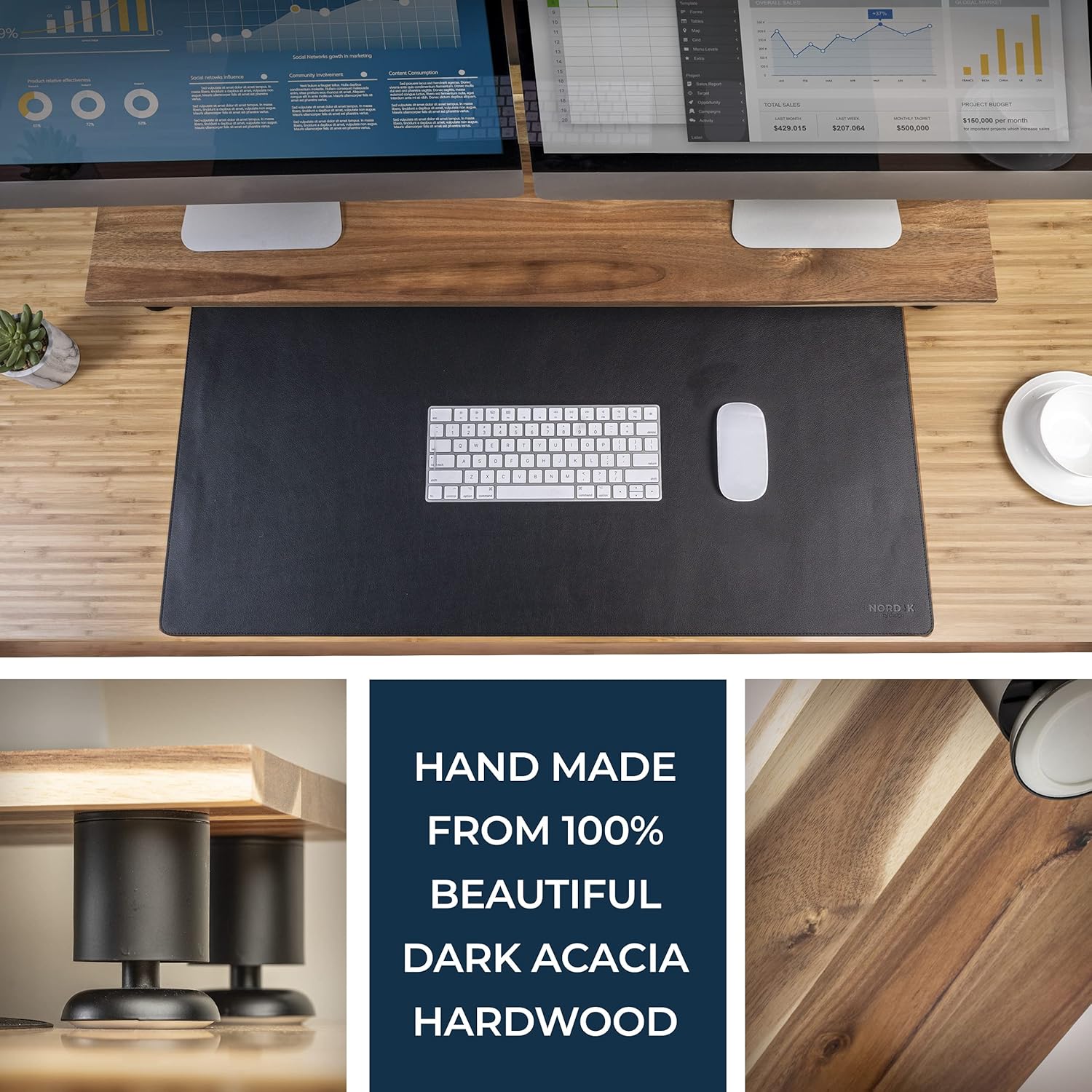 Nordik - Large Dual Monitor Riser for 2 - Premium Handmade Hardwood Acacia Computer - Laptop TV Stand with Storage for Desk Accessories - Serious Techies