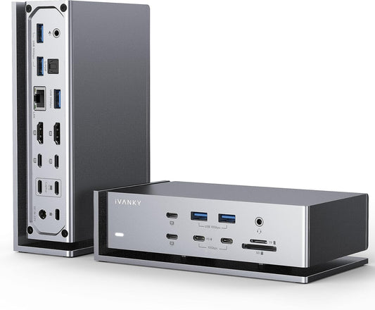 iVANKY - FusionDock Max 1 Dual Thunderbolt 4 Chips, 20-In-1 Quad 6K@60Hz Monitor Macbook Docking Station, 40Gbps Dock for Mac M1/M2/M3 Pro/Max, 2HDMI 2.0, 96W PD, 10Gbps USB, 2.5 Gbe, Silver - Serious Techies