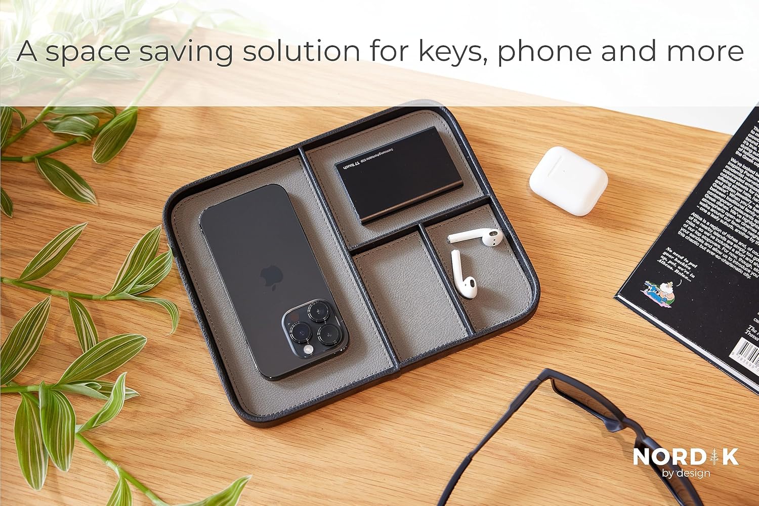 Nordik - Leather Valet Tray - Pebble Black - Premium Vegan Leather Stylish and Organised Nightstand Tray for Men - EDC Catchall Tray for Keys, Watch, Wallet, Jewellery - Modern Bedside Caddy - Serious Techies