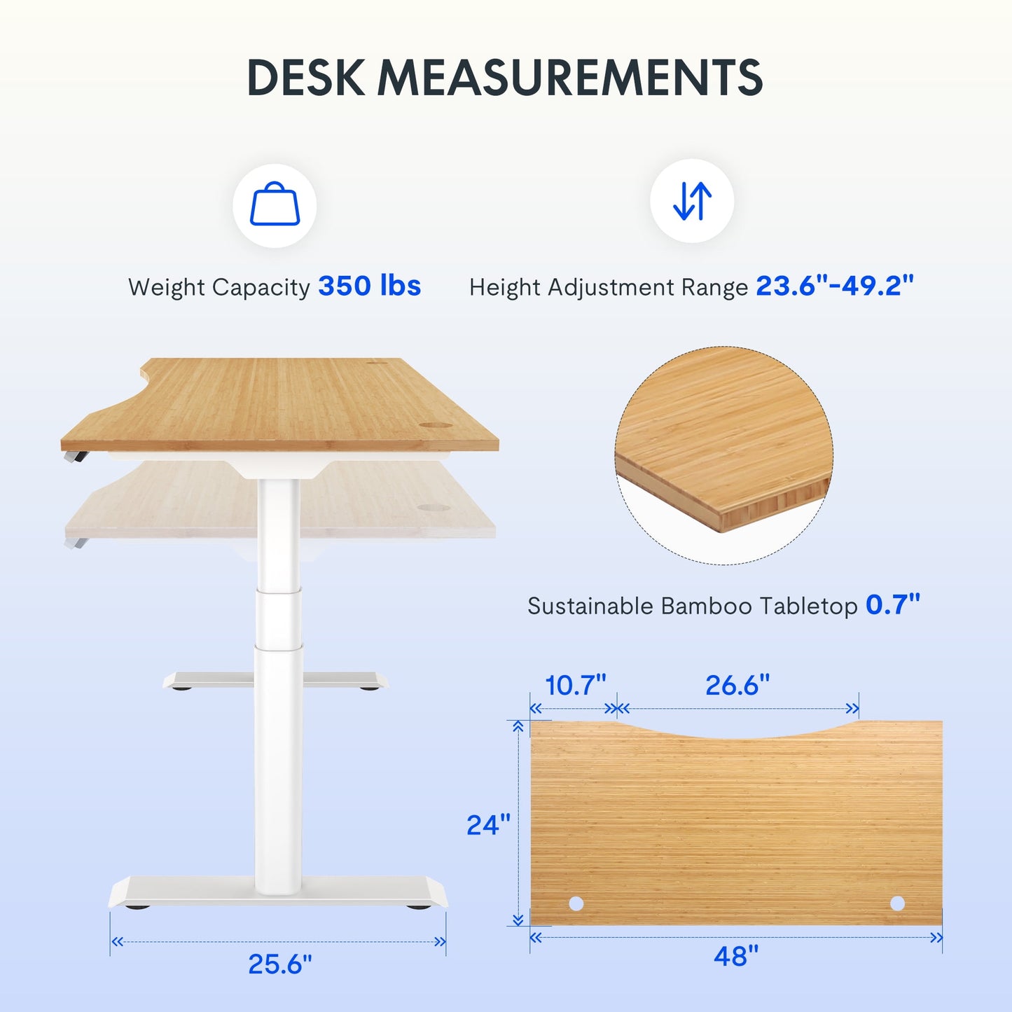 FLEXISPOT - 48"X24" Dual Motors 3-Stage Height Adjustable Standing Desk Ergonomic Home Office Sit Stand Desk with USB Port, Bamboo Curved Desktop White Oval Frame - Serious Techies