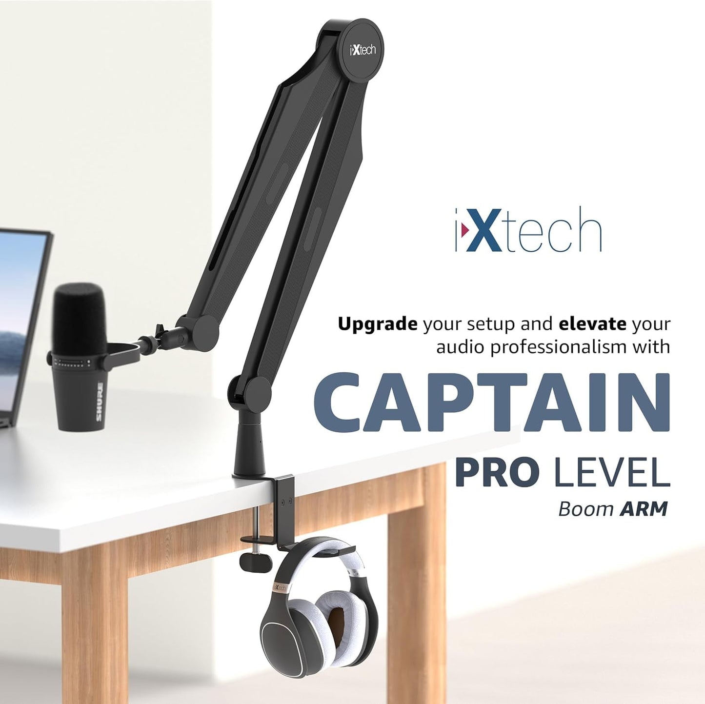 IXTECH - Mic Boom Arm Microphone Arm for Blue Yeti Shure Sm7B Hyperx Quadcast Rode At2020 and Fifine Upgraded Mic Stand with Tablet and Headphone Holder for Gaming Podcasting and Streaming CAPTAIN PRO - Serious Techies