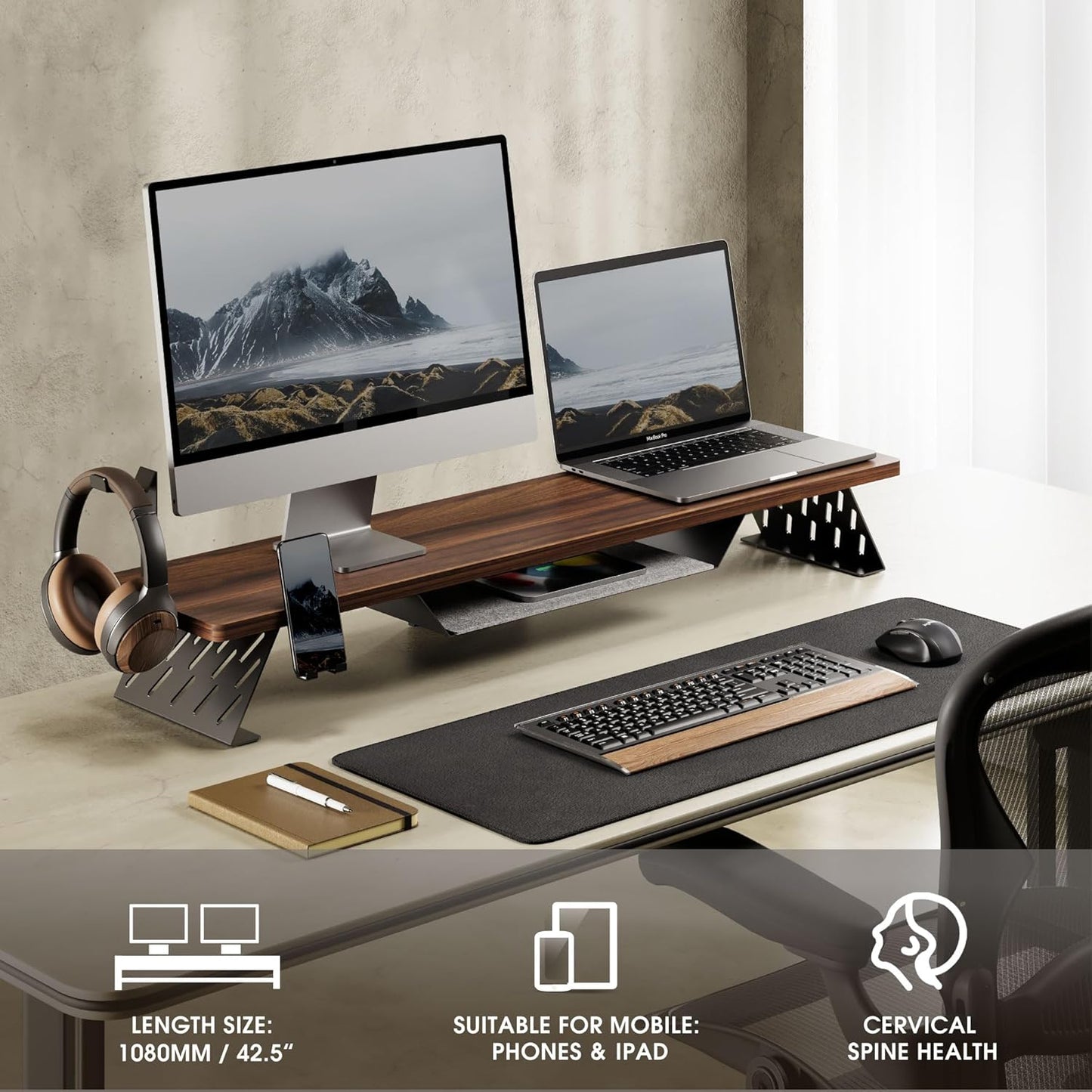Dual Monitor Stand, 42.5 Inch Monitor Riser for Desk, Wood Desk Shelf for 2 Monitors, 2 Tier Monitor Shelf with Headphone Stand & Phone Holder