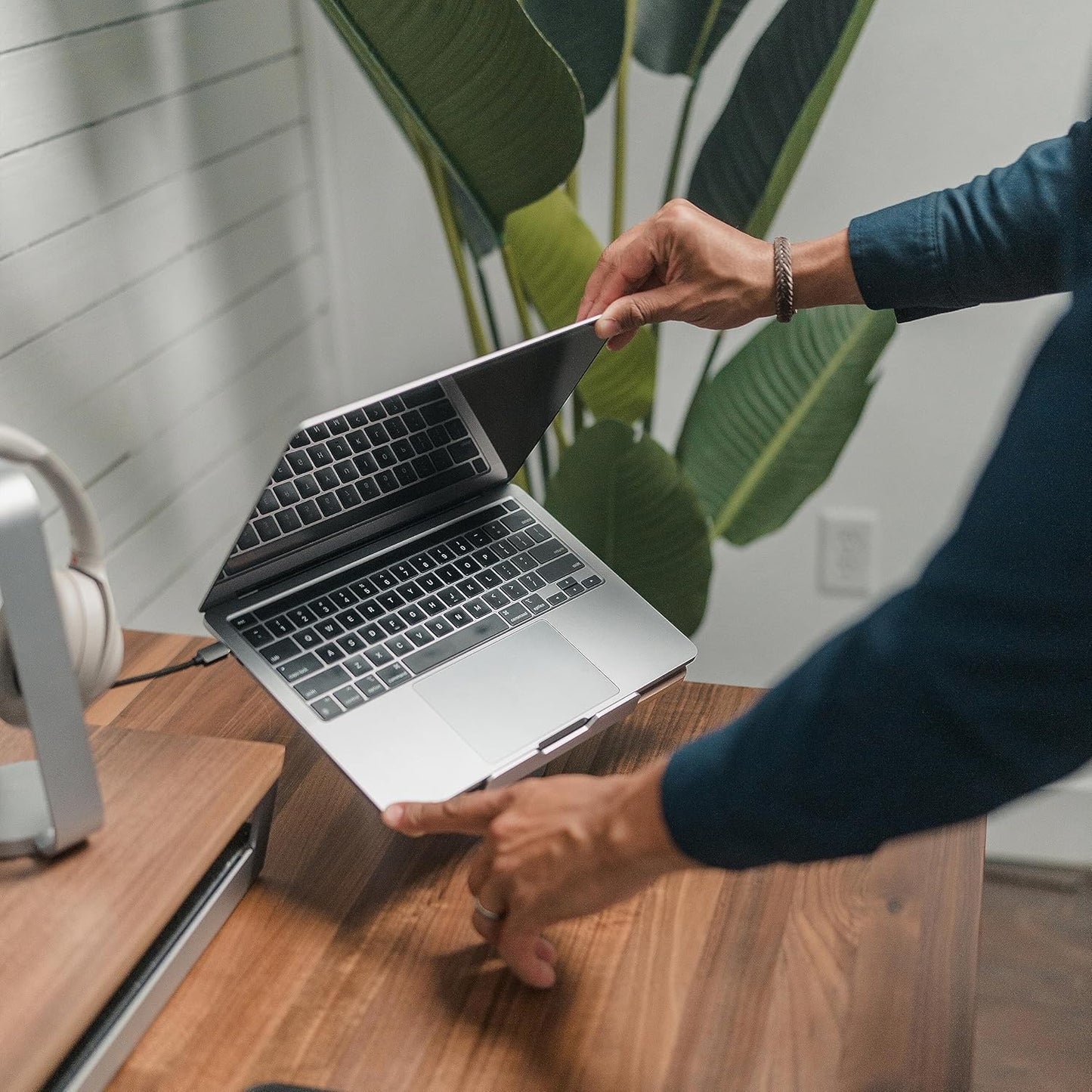 HumanCentric - Laptop Riser for Desk in Black Walnut Wood Top and Space Gray Aluminum Base, Compatible with Macbook and Other Laptops up to 16 Inches, Ergonomic Computer Holder, 25-Degree Angle Tilt - Serious Techies