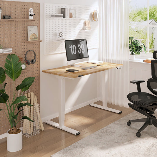 FLEXISPOT - 48"X24" Dual Motors 3-Stage Standing Desk Solid Wood Home Office Height Adjustable Desk with Wheels, Solid Rubber Wood Desktop and White Frame - Serious Techies