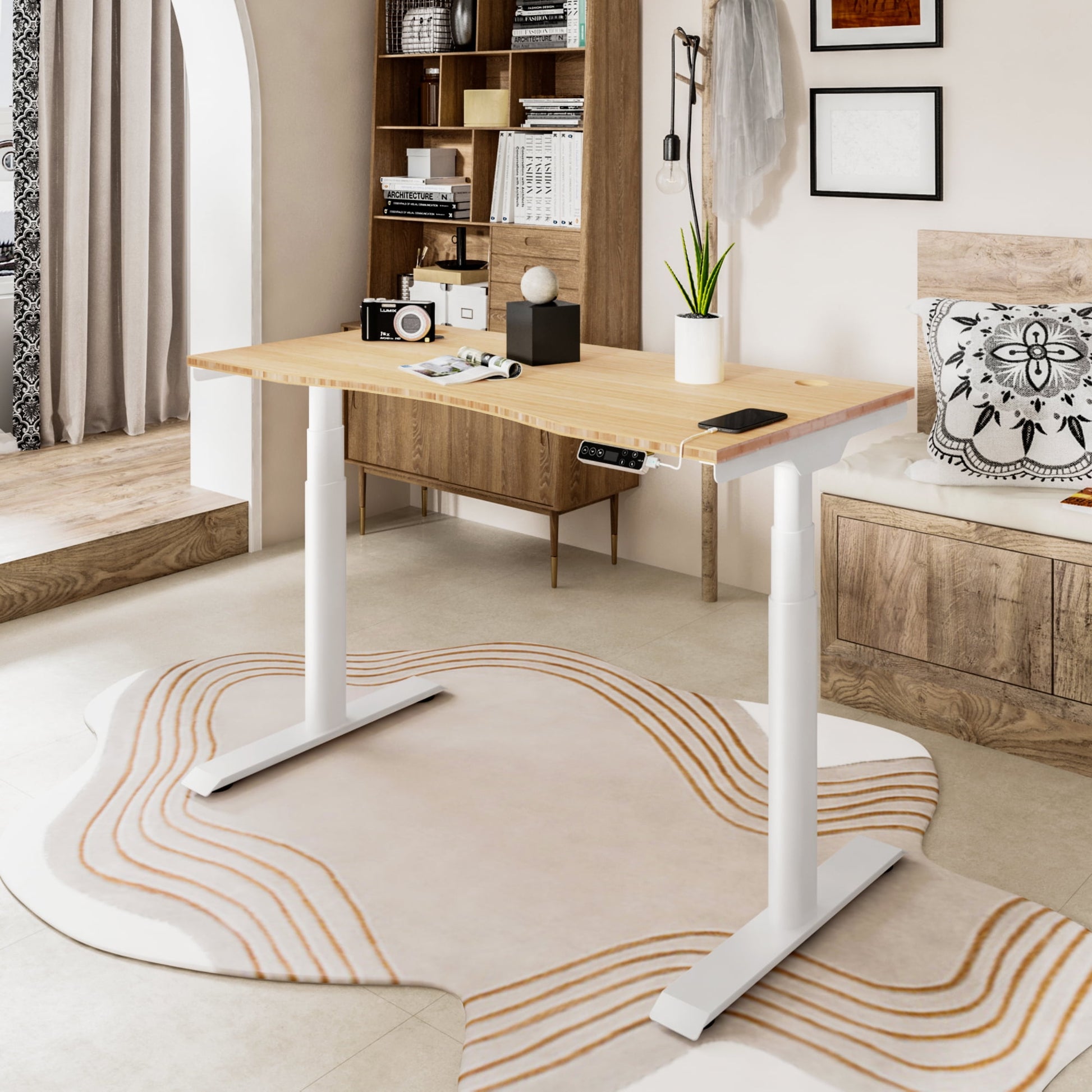 FLEXISPOT - 48"X24" Dual Motors 3-Stage Height Adjustable Standing Desk Ergonomic Home Office Sit Stand Desk with USB Port, Bamboo Curved Desktop White Oval Frame - Serious Techies