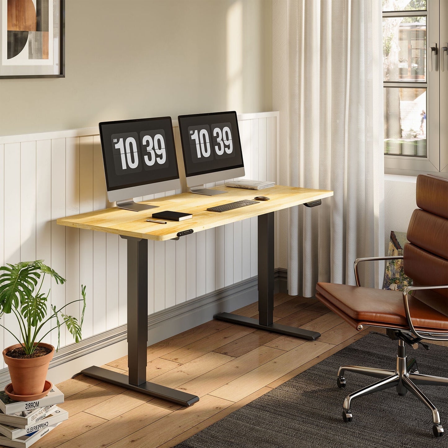 FLEXISPOT - 48"X24" Dual Motors 3-Stage Standing Desk Solid Wood Home Office Height Adjustable Desk with Wheels, Solid Rubber Wood Desktop and White Frame - Serious Techies