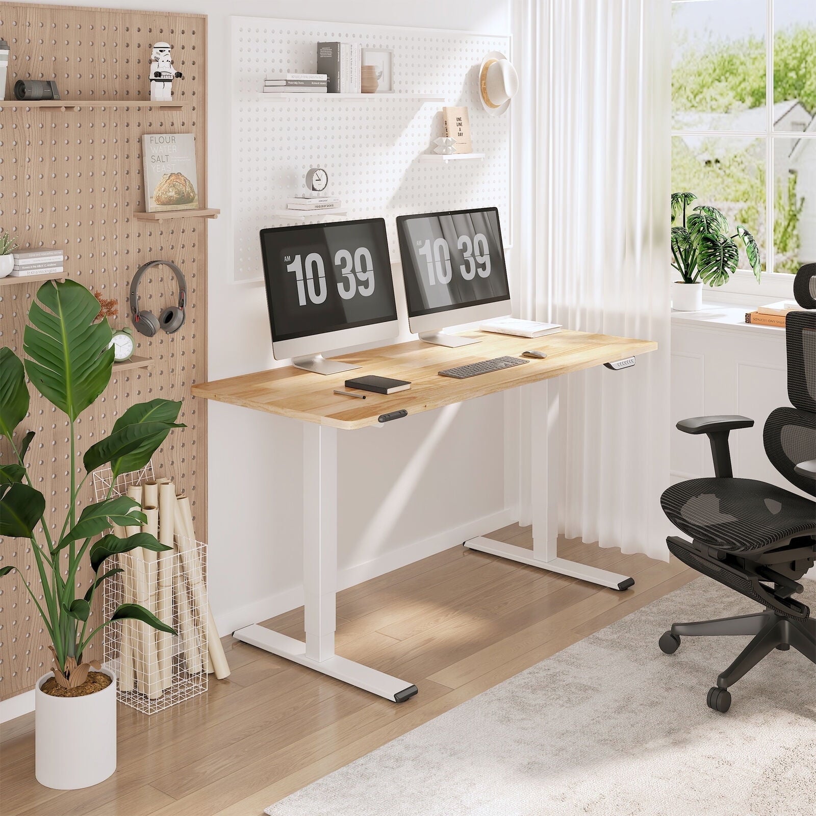 FLEXISPOT - 48"X24" Dual Motors 3-Stage Standing Desk Solid Wood Home Office Height Adjustable Desk with Wheels, Solid Rubber Wood Desktop and White Frame - Serious Techies