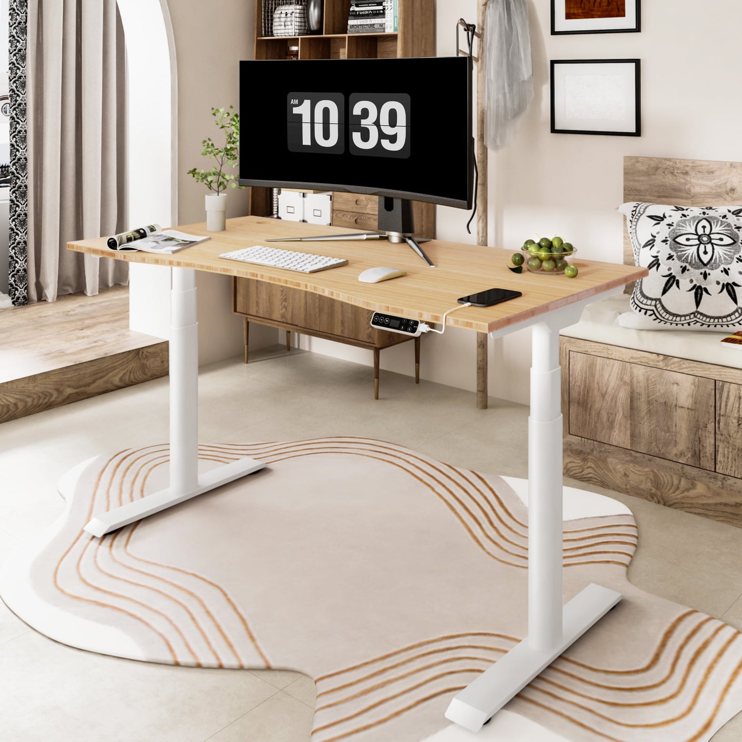 FLEXISPOT - 48"X24" Dual Motors 3-Stage Height Adjustable Standing Desk Ergonomic Home Office Sit Stand Desk with USB Port, Bamboo Curved Desktop White Oval Frame - Serious Techies
