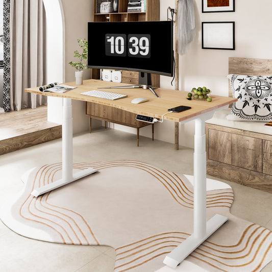 FLEXISPOT - 55"X28" Dual Motors 3-Stage Height Adjustable Standing Desk Ergonomic Home Office Sit Stand Desk with USB Port, Bamboo Curved Desktop White Oval Frame - Serious Techies