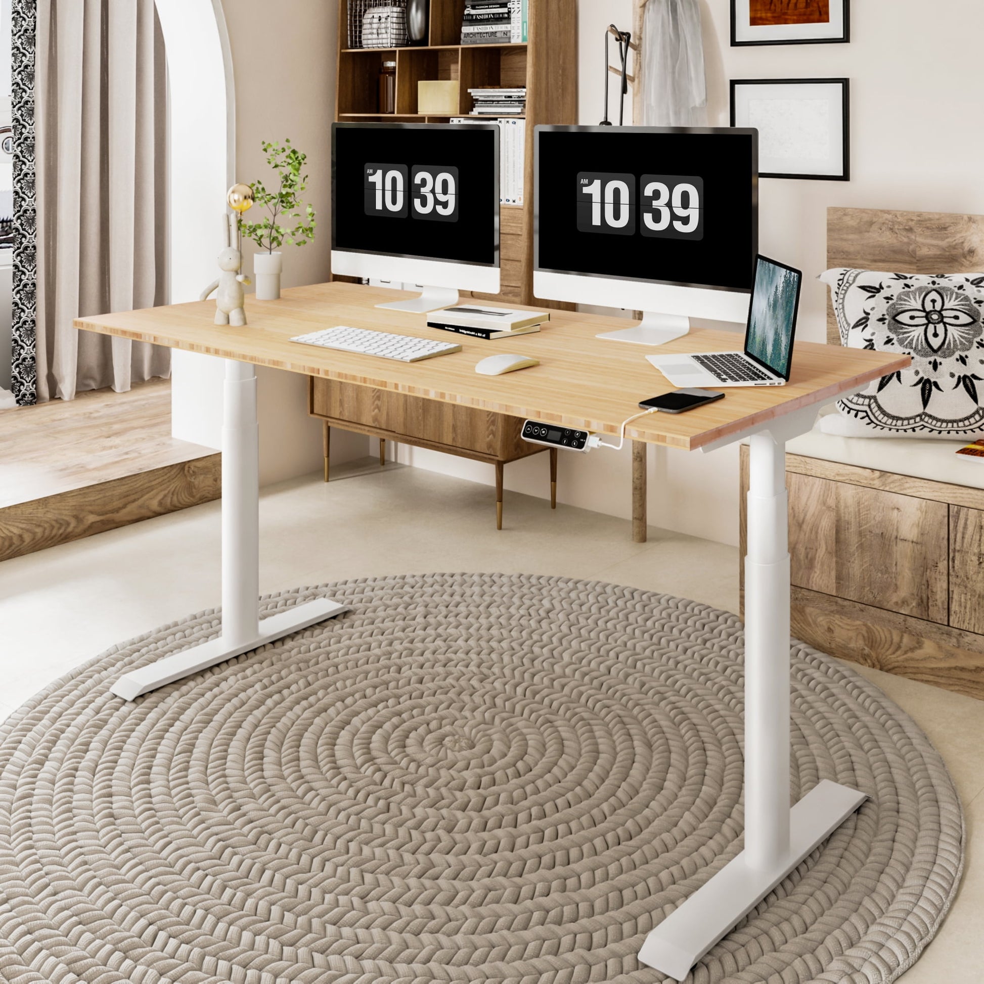 FLEXISPOT - 48"X24" Dual Motors 3-Stage Height Adjustable Standing Desk Ergonomic Home Office Sit Stand Desk with USB Port, Bamboo Rectangle Desktop Black Oval Frame - Serious Techies