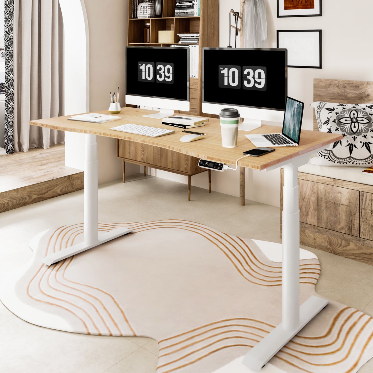 FLEXISPOT - 48"X24" Dual Motors 3-Stage Height Adjustable Standing Desk Ergonomic Home Office Sit Stand Desk with USB Port, Bamboo Curved Desktop White Oval Frame - Serious Techies