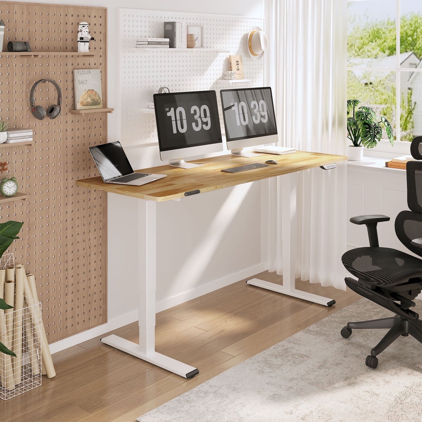 FLEXISPOT - 48"X24" Dual Motors 3-Stage Standing Desk Solid Wood Home Office Height Adjustable Desk with Wheels, Solid Rubber Wood Desktop and White Frame - Serious Techies