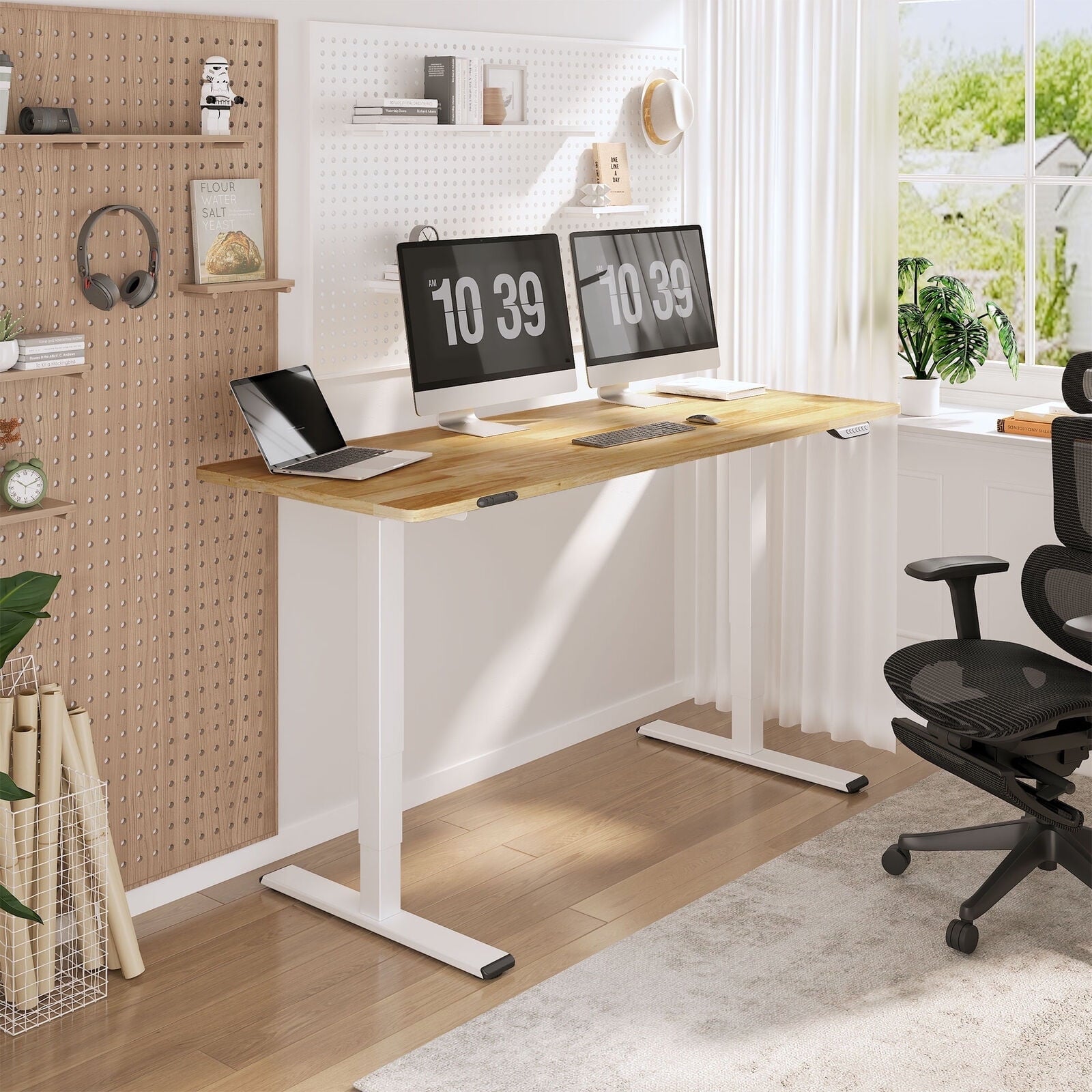 FLEXISPOT - 48"X24" Dual Motors 3-Stage Standing Desk Solid Wood Home Office Height Adjustable Desk with Wheels, Solid Rubber Wood Desktop and White Frame - Serious Techies