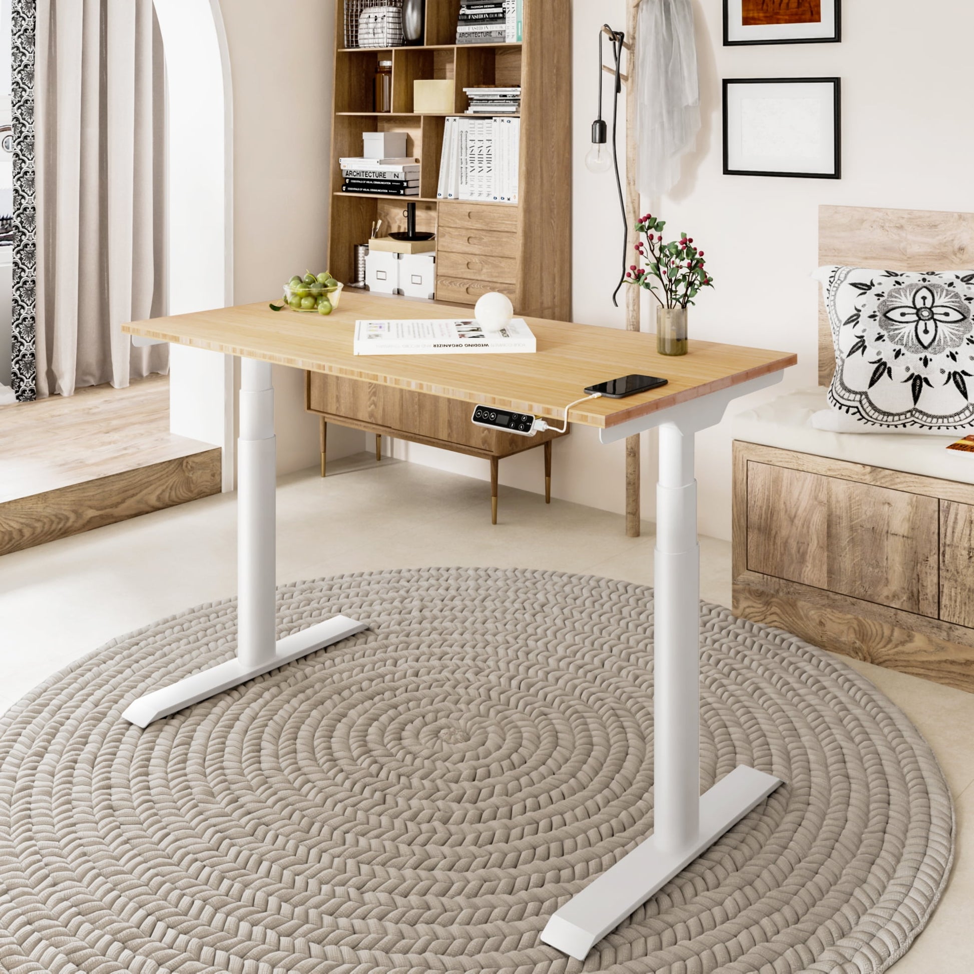FLEXISPOT - 48"X24" Dual Motors 3-Stage Height Adjustable Standing Desk Ergonomic Home Office Sit Stand Desk with USB Port, Bamboo Rectangle Desktop Black Oval Frame - Serious Techies