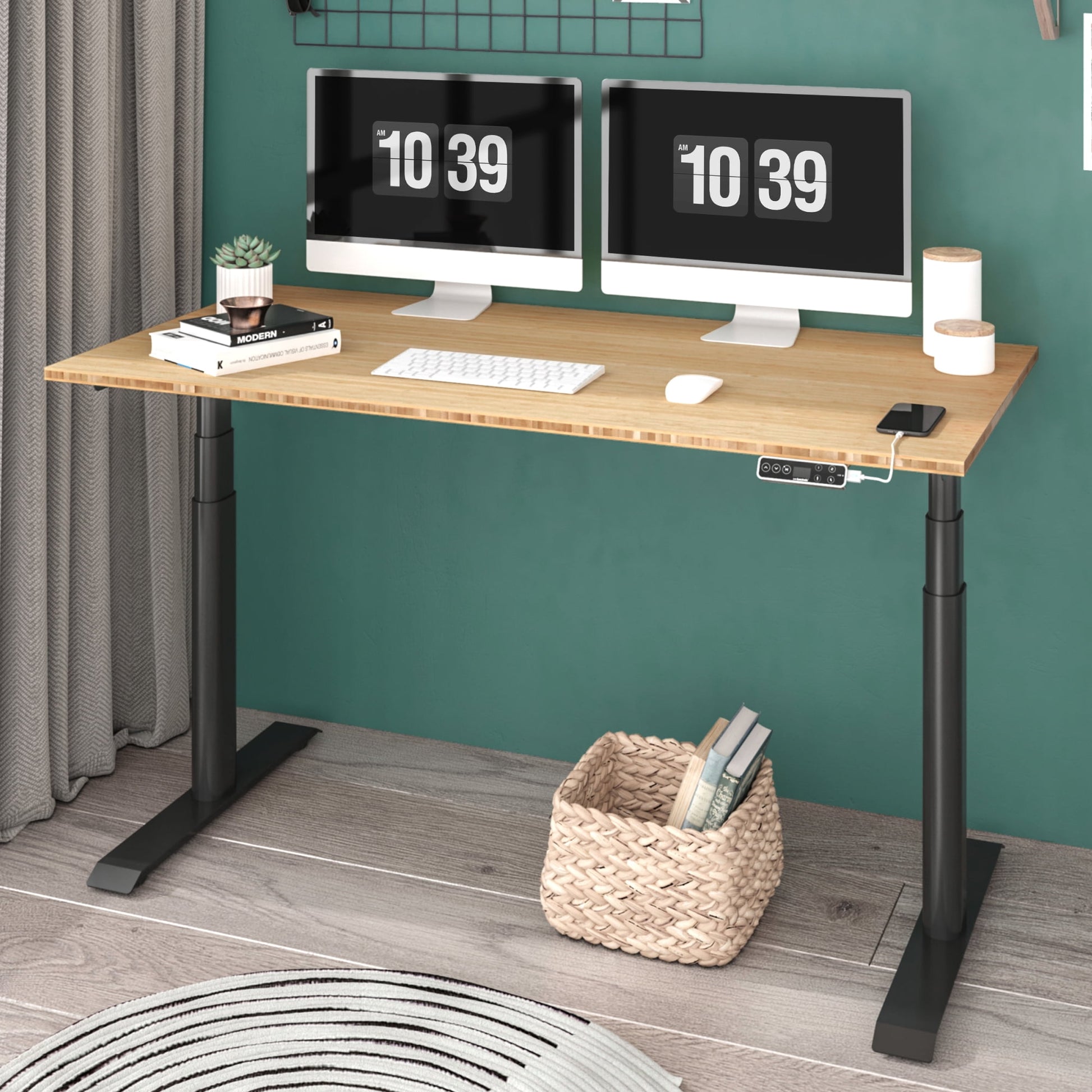 FLEXISPOT - 48"X24" Dual Motors 3-Stage Height Adjustable Standing Desk Ergonomic Home Office Sit Stand Desk with USB Port, Bamboo Rectangle Desktop Black Oval Frame - Serious Techies