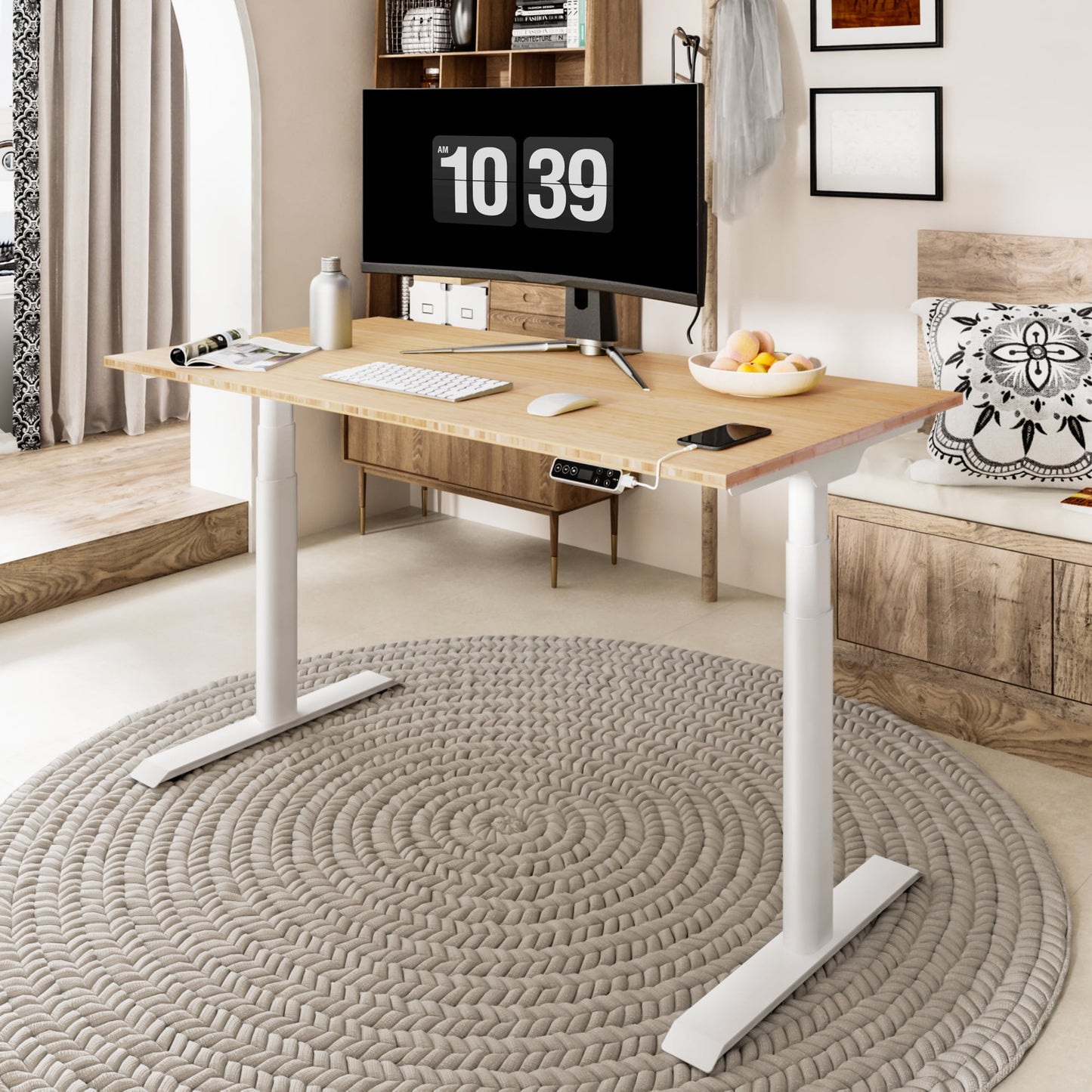FLEXISPOT - 48"X24" Dual Motors 3-Stage Height Adjustable Standing Desk Ergonomic Home Office Sit Stand Desk with USB Port, Bamboo Rectangle Desktop Black Oval Frame - Serious Techies