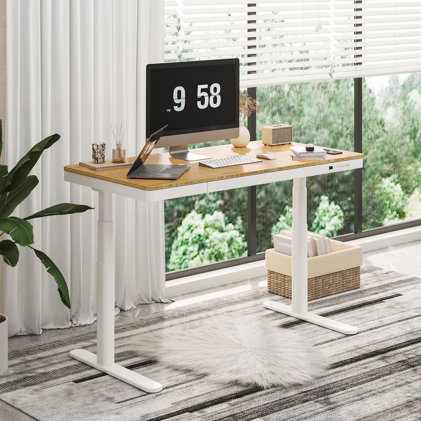 FLEXISPOT - 55"X28" Wireless Charging Dual Motors Standing Desk with Drawers, Black and Bamboo Top Height Adjustable Desk with Cable Management Tray - Serious Techies