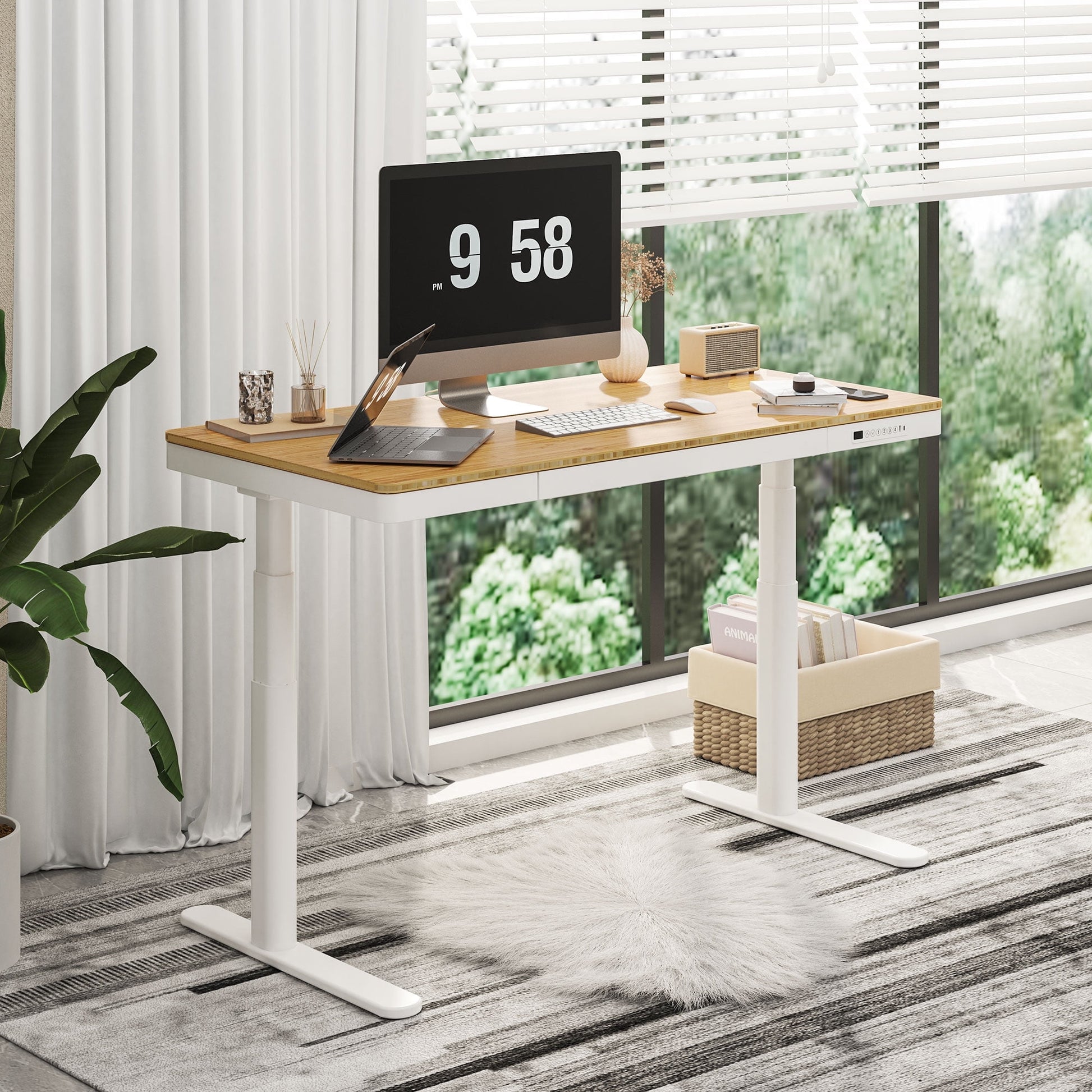 FLEXISPOT - 55"X28" Wireless Charging Dual Motors Standing Desk with Drawers, Black and Bamboo Top Height Adjustable Desk with Cable Management Tray - Serious Techies