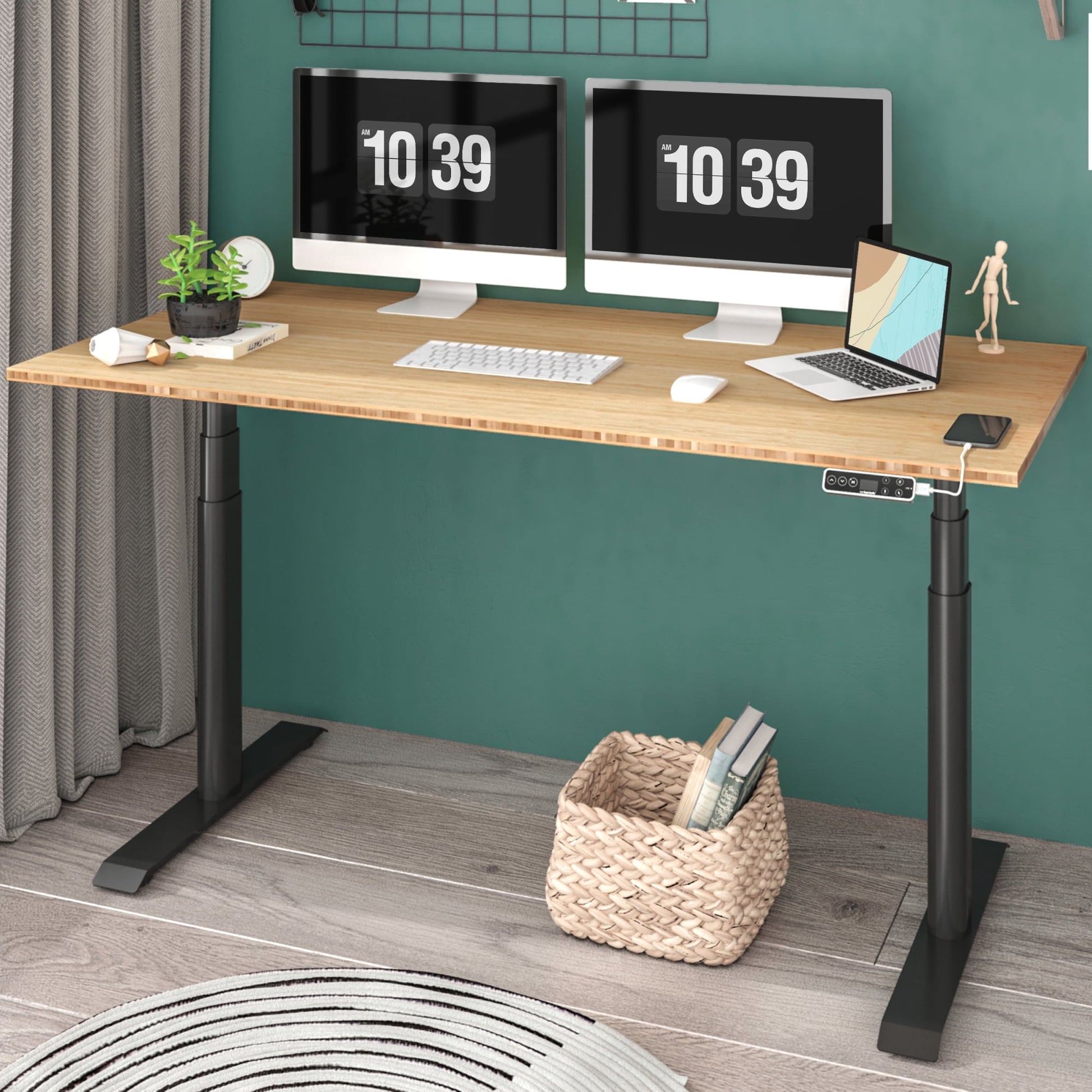 FLEXISPOT - 48"X24" Dual Motors 3-Stage Height Adjustable Standing Desk Ergonomic Home Office Sit Stand Desk with USB Port, Bamboo Rectangle Desktop Black Oval Frame - Serious Techies