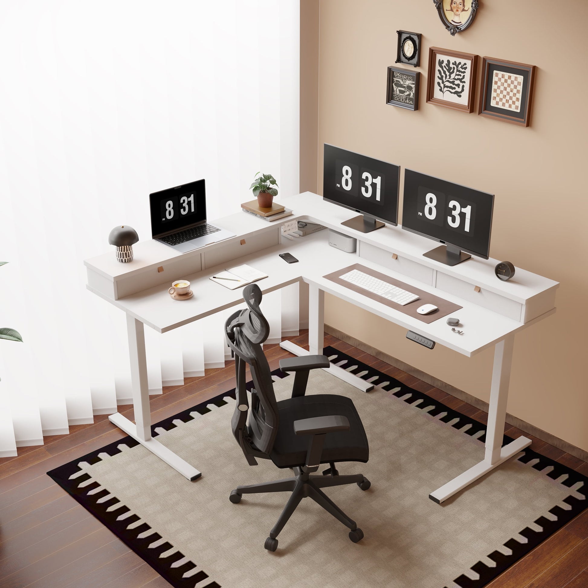 FLEXISPOT - 63 Inch L Shaped Standing Desk with Drawers and Shelf, Electric Adjustable Workstation with USB Charging for Home Office, White Top and Frame - Serious Techies
