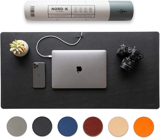 Nordik - Leather Desk Mat Cable Organizer - Pebble Black 35 X 17 Inch - Premium Mouse Mat - Felt Vegan Leather Desk Pad Protector - Desk Blotter Matt Keyboard - Large Desk Matt for Desktop Computer - Serious Techies