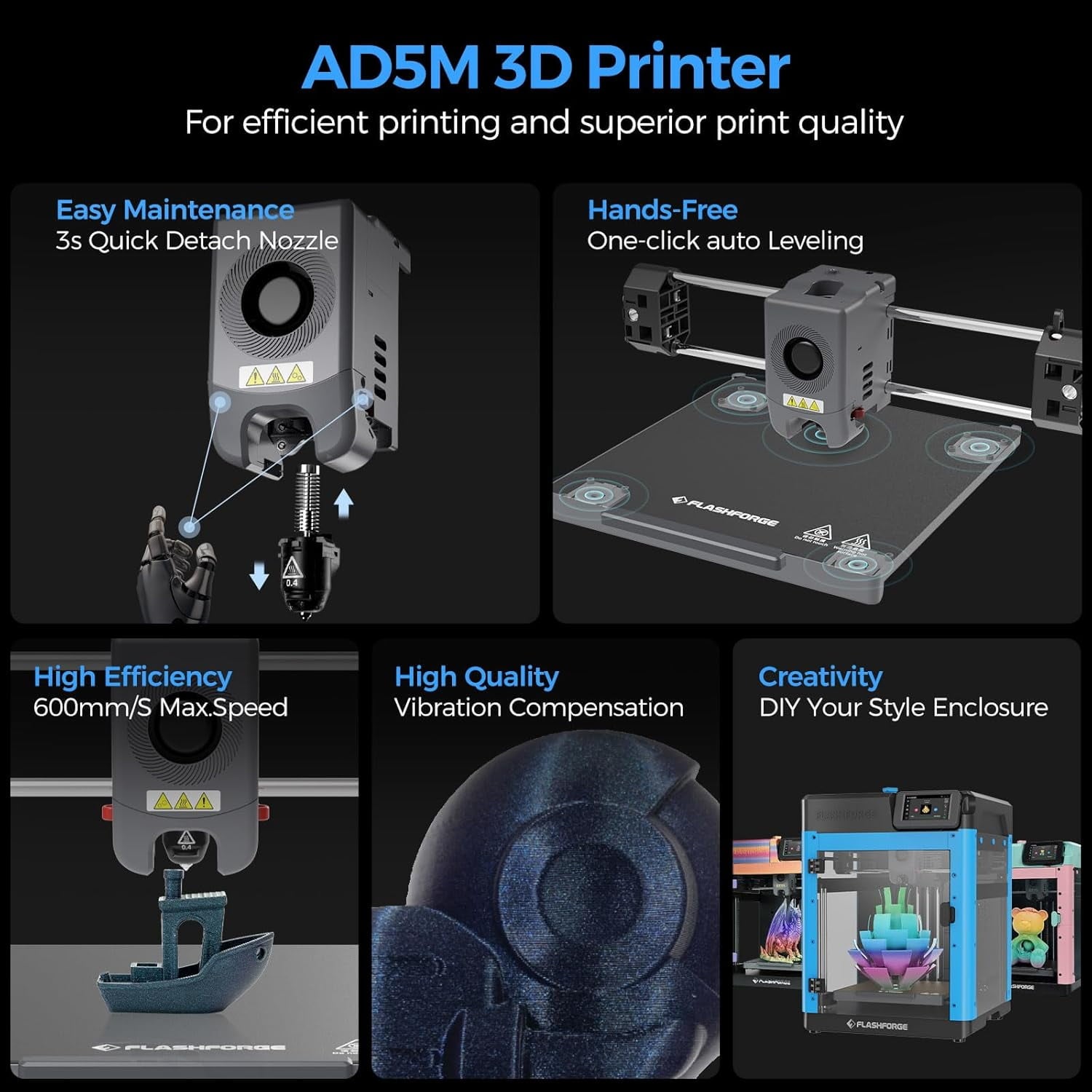 Flashforge - Adventurer 5M 3D Printer, Fully Auto Leveling & 600Mm/S High Speed Printing, Black - Serious Techies