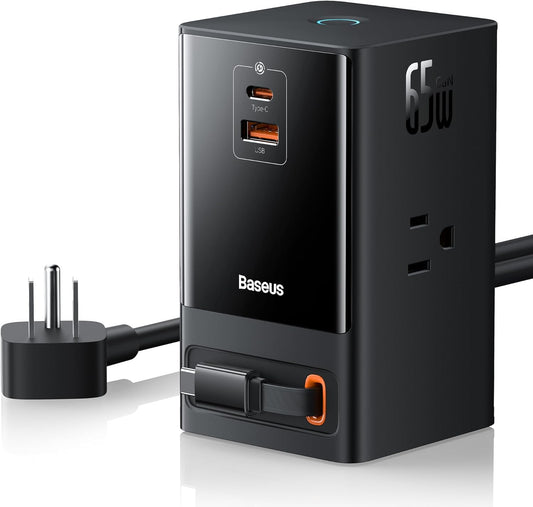 Baseus - 6-In-1 65W Charging Station with Retractable USB-C Cable, Power Combo USB C Power Strip for Multiple Devices, Fast Charger for Iphone, Macbook, Samsung, PS5 for Home/Office/Dorm/Travel - Serious Techies