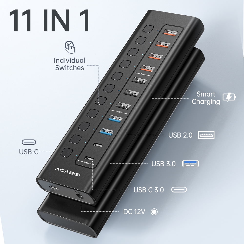 ACASIS - USB 3.0 11-Port Powered Hi-Speed Hub with 4 X USB 3.0 + 3 X USB 2.0 + 4 X Smart Charging - Serious Techies