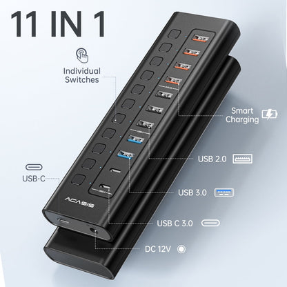 ACASIS - USB 3.0 11-Port Powered Hi-Speed Hub with 4 X USB 3.0 + 3 X USB 2.0 + 4 X Smart Charging - Serious Techies