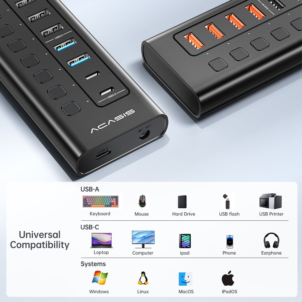 ACASIS - USB 3.0 11-Port Powered Hi-Speed Hub with 4 X USB 3.0 + 3 X USB 2.0 + 4 X Smart Charging - Serious Techies